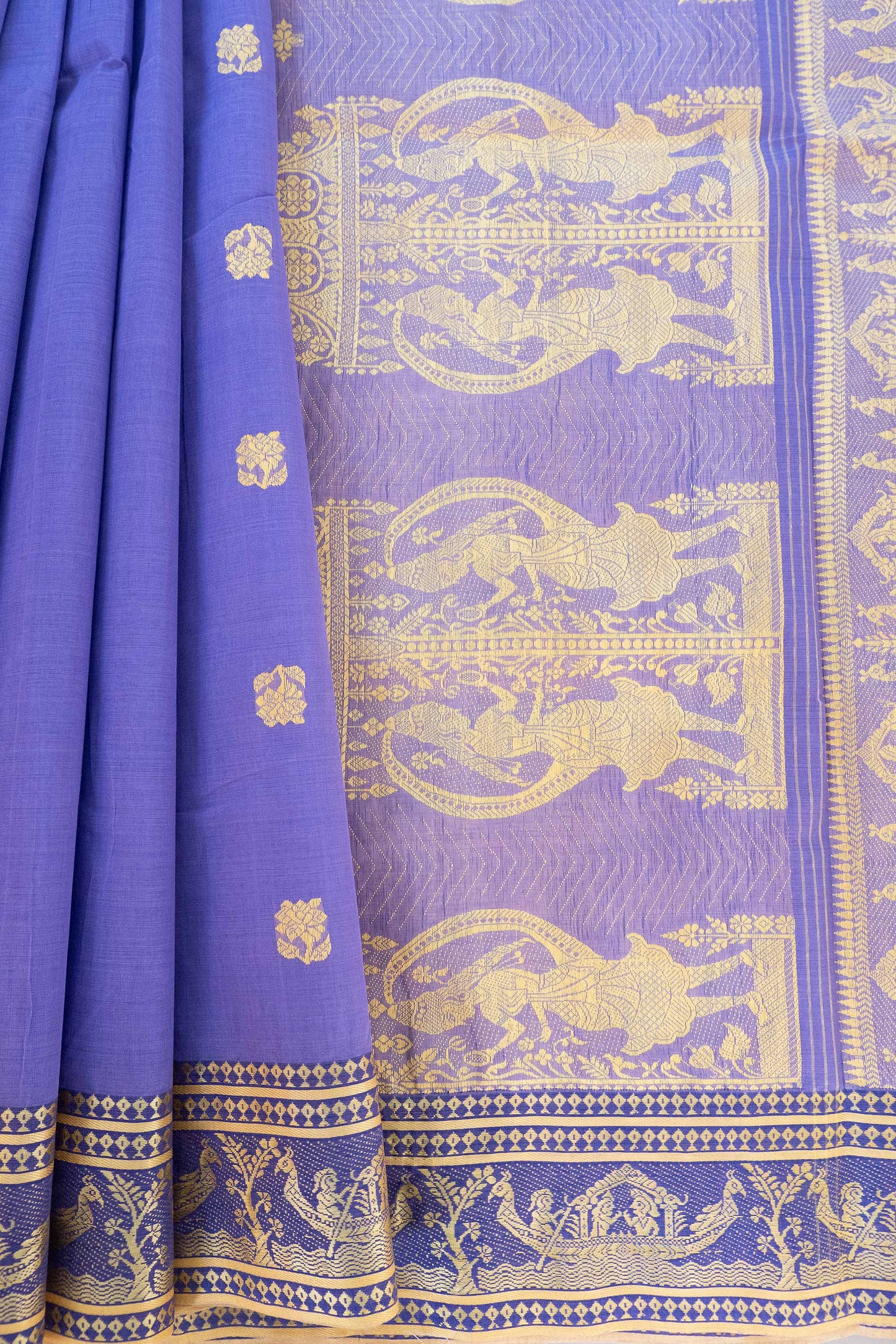 Purple Cotton Handloom Woven Baluchari Saree with Blue Border