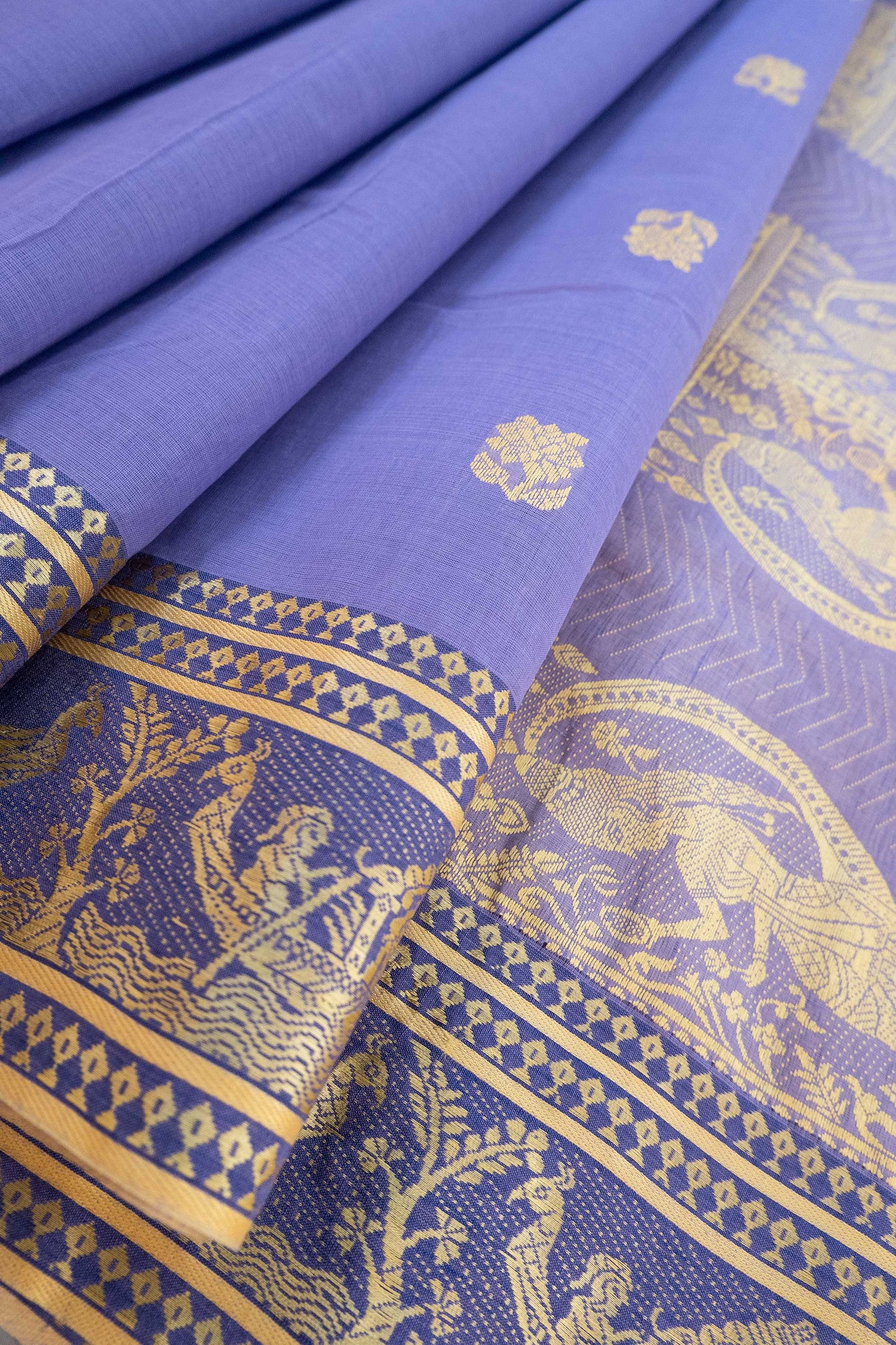 Purple Cotton Handloom Woven Baluchari Saree with Blue Border