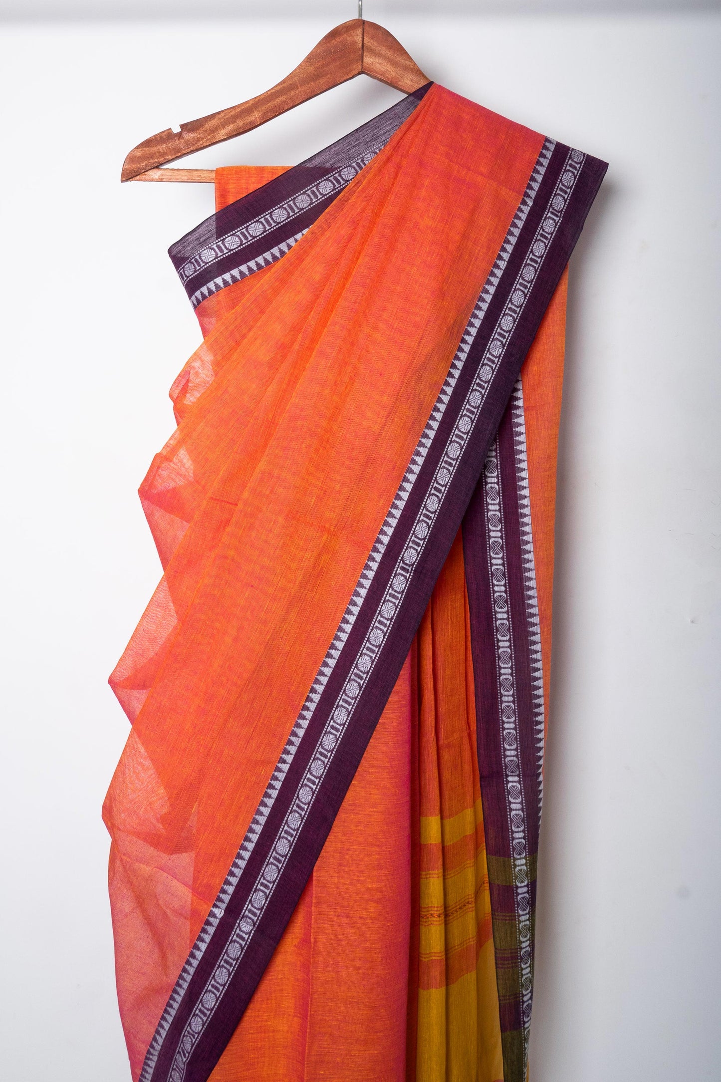 Sunrise Orange Dhaniakhali Soft Cotton Saree with Woven Rudraksh Borders