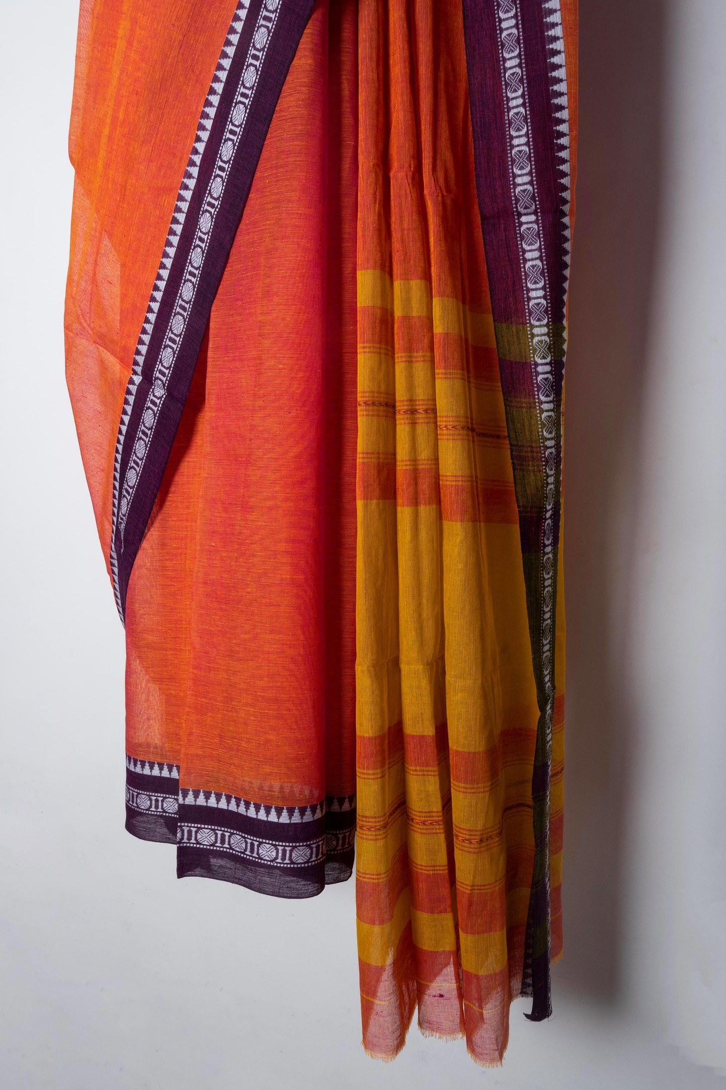 Sunrise Orange Dhaniakhali Soft Cotton Saree with Woven Rudraksh Borders