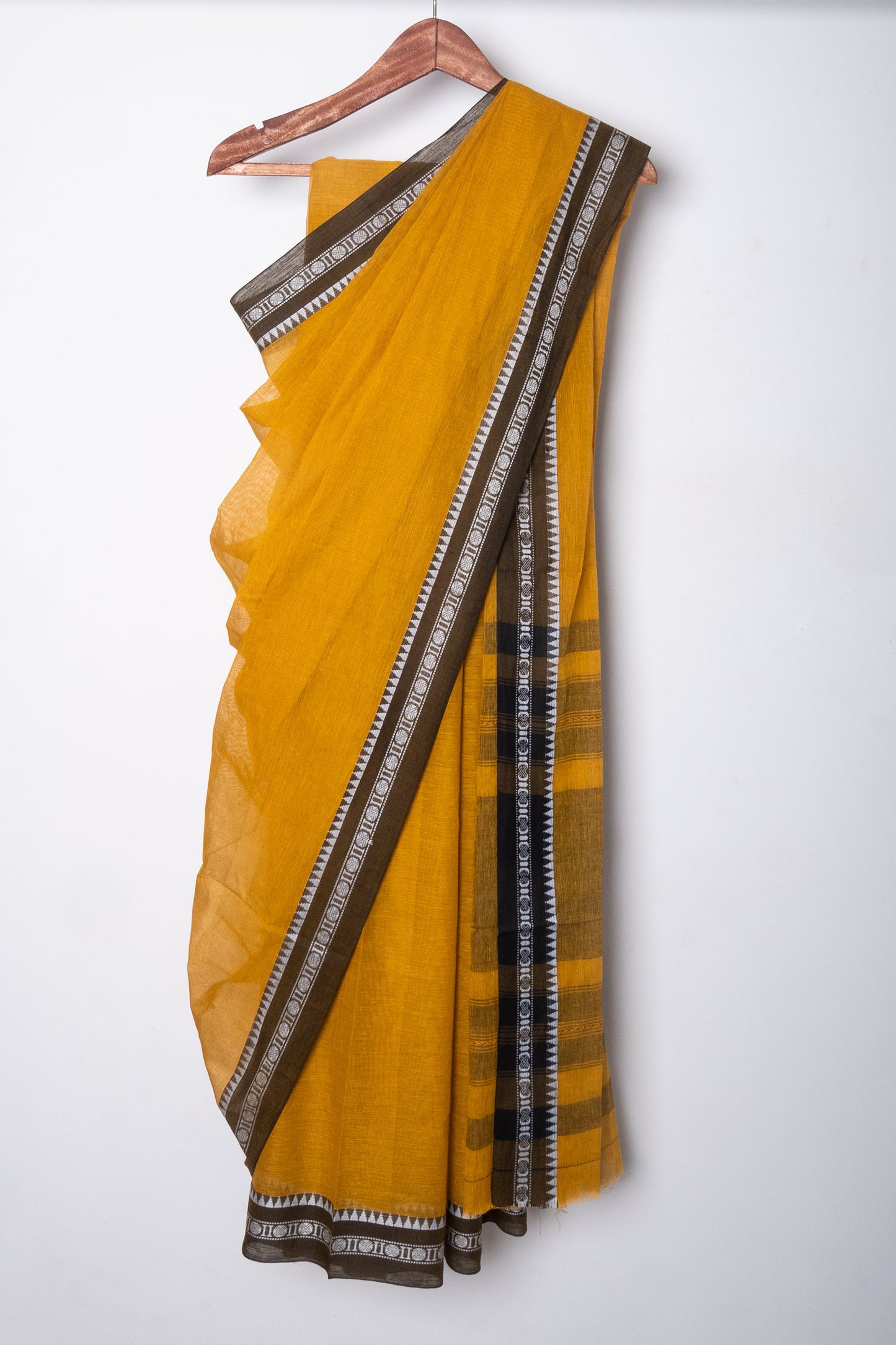 Mustard Yellow Dhaniakhali Soft Cotton Saree with Woven Rudraksh Borders