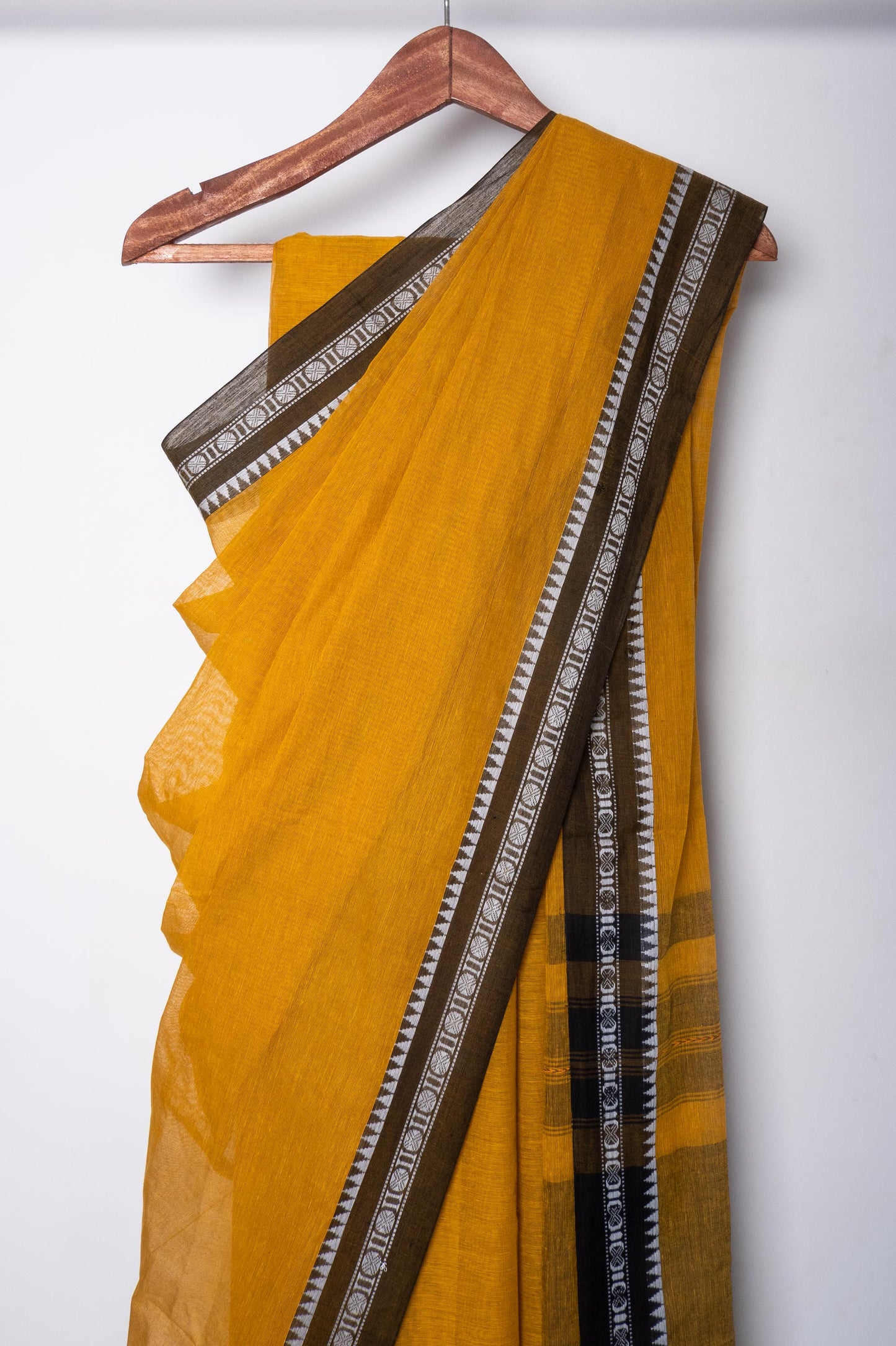 Mustard Yellow Dhaniakhali Soft Cotton Saree with Woven Rudraksh Borders