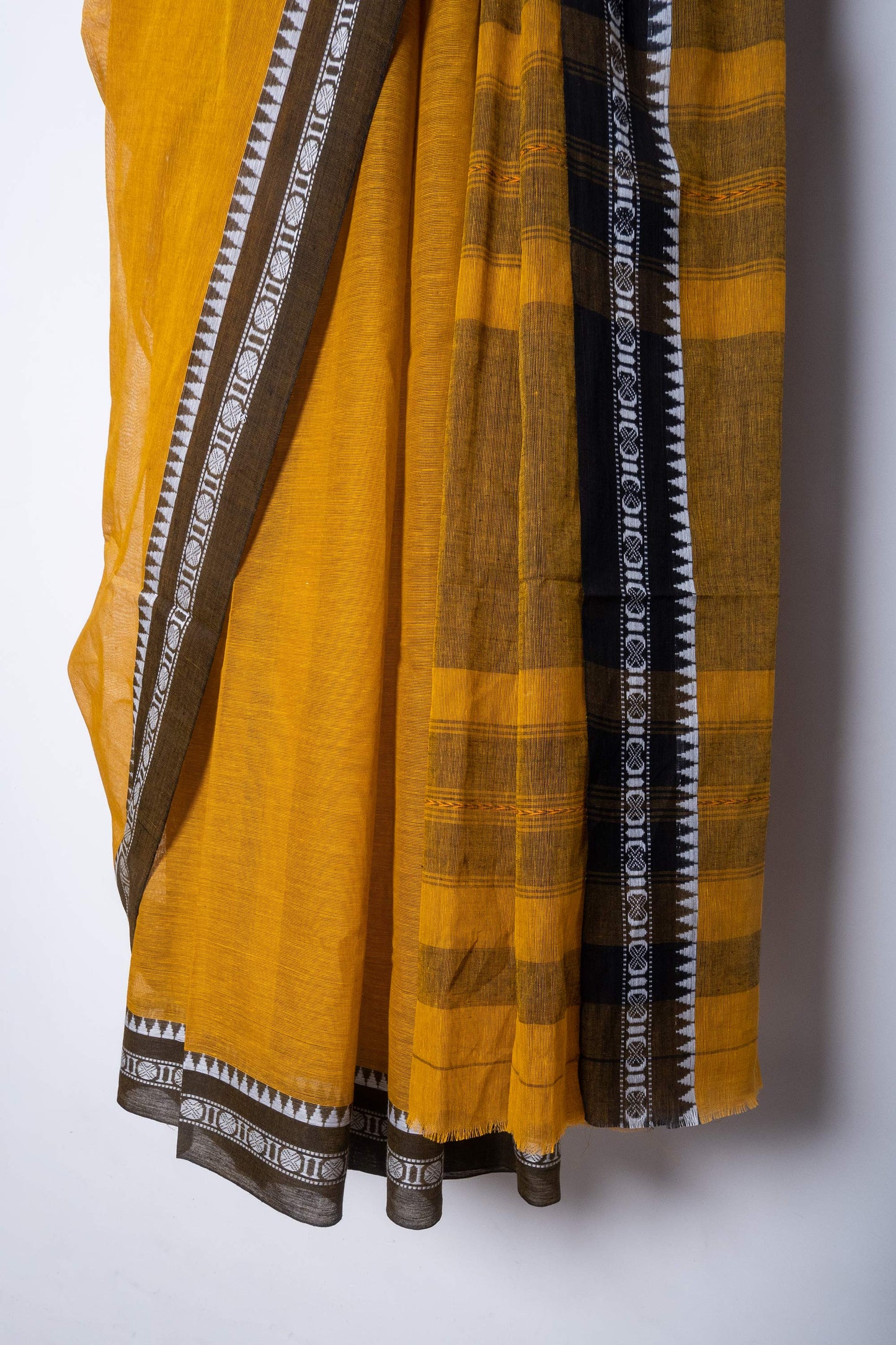 Mustard Yellow Dhaniakhali Soft Cotton Saree with Woven Rudraksh Borders