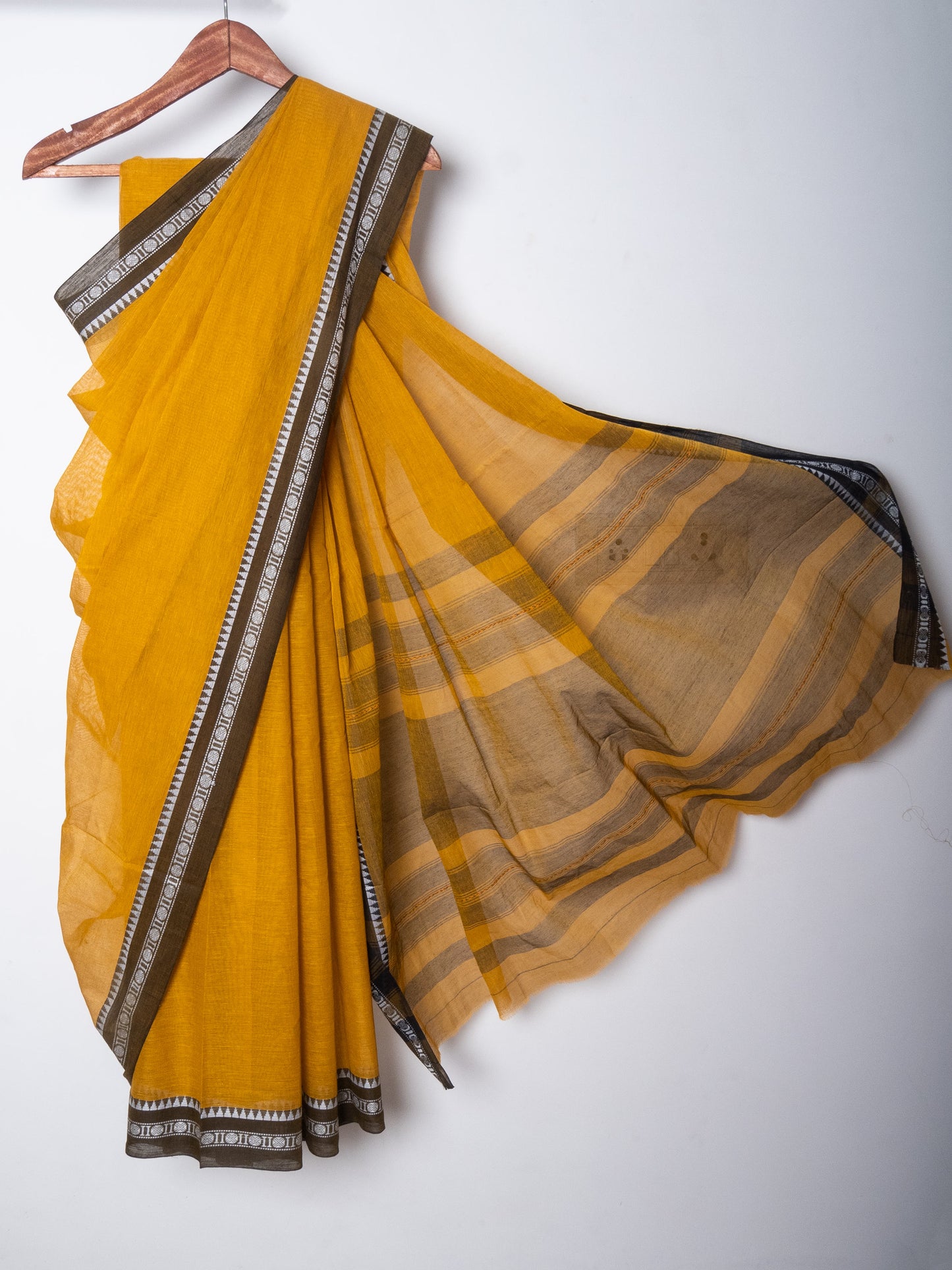 Mustard Yellow Dhaniakhali Soft Cotton Saree with Woven Rudraksh Borders