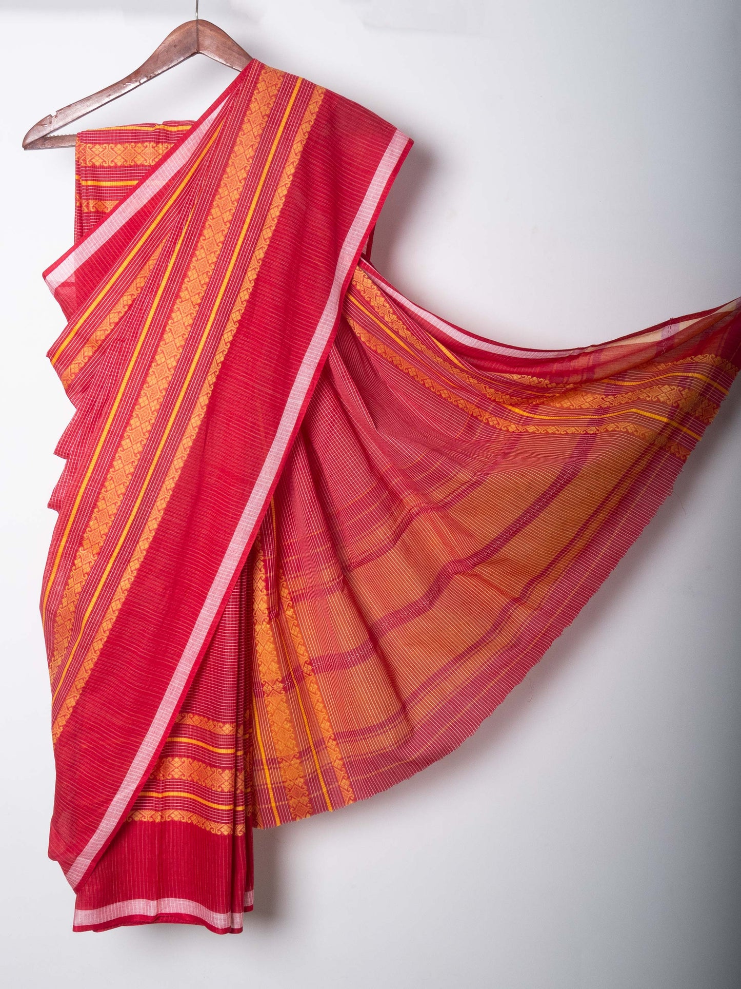 Buy Red White Cotton Small Check Dhaniakhali Saree with Yellow Woven Borders- Mayasha