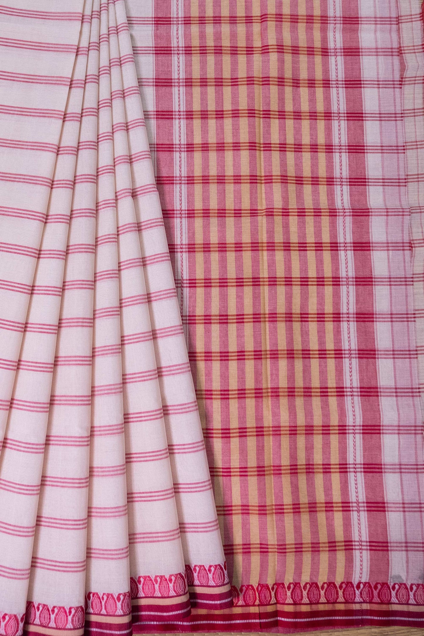 Lal Paar Stripe Cotton Saree with Kolka Border
