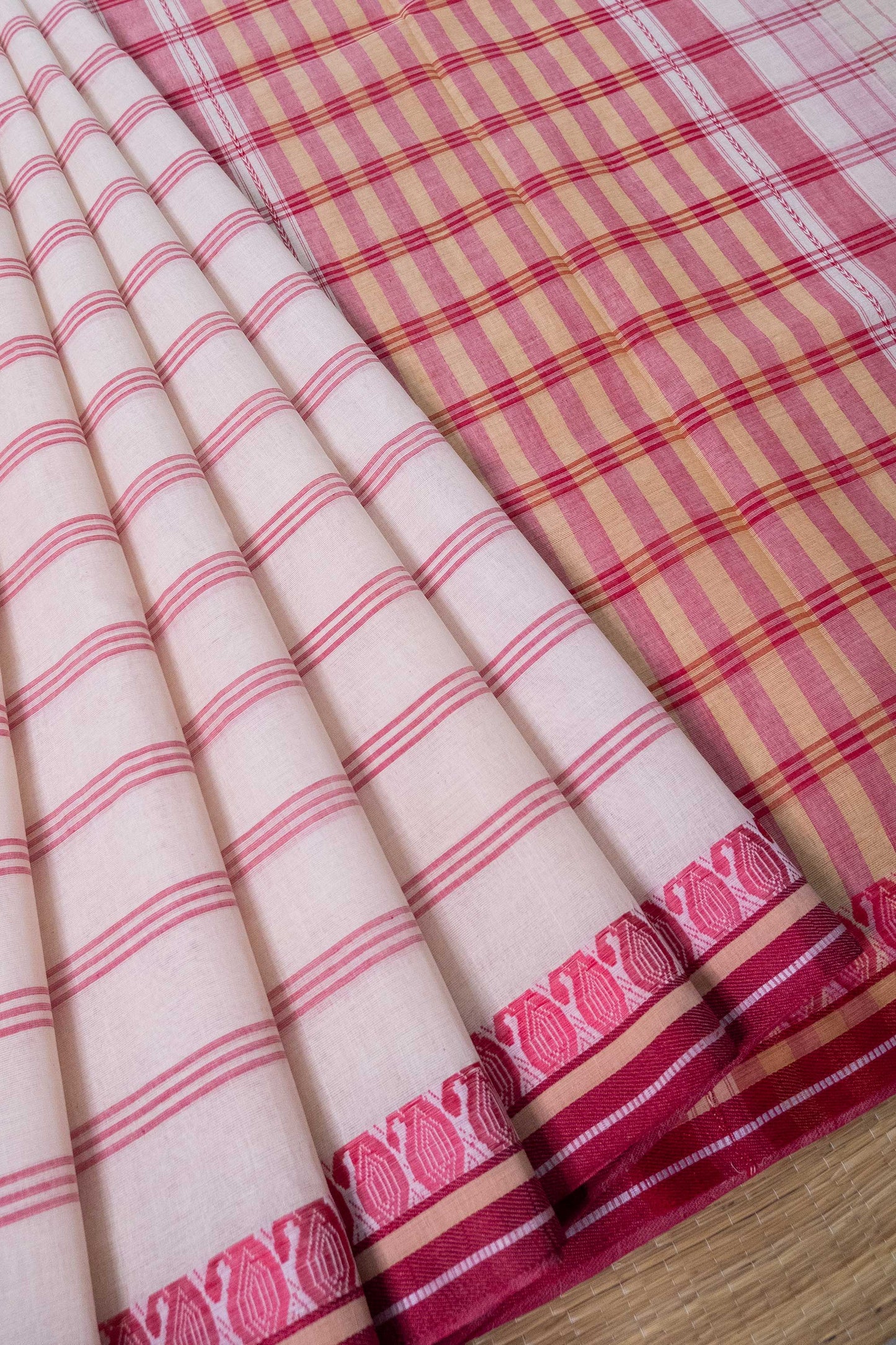 Lal Paar Stripe Cotton Saree with Kolka Border
