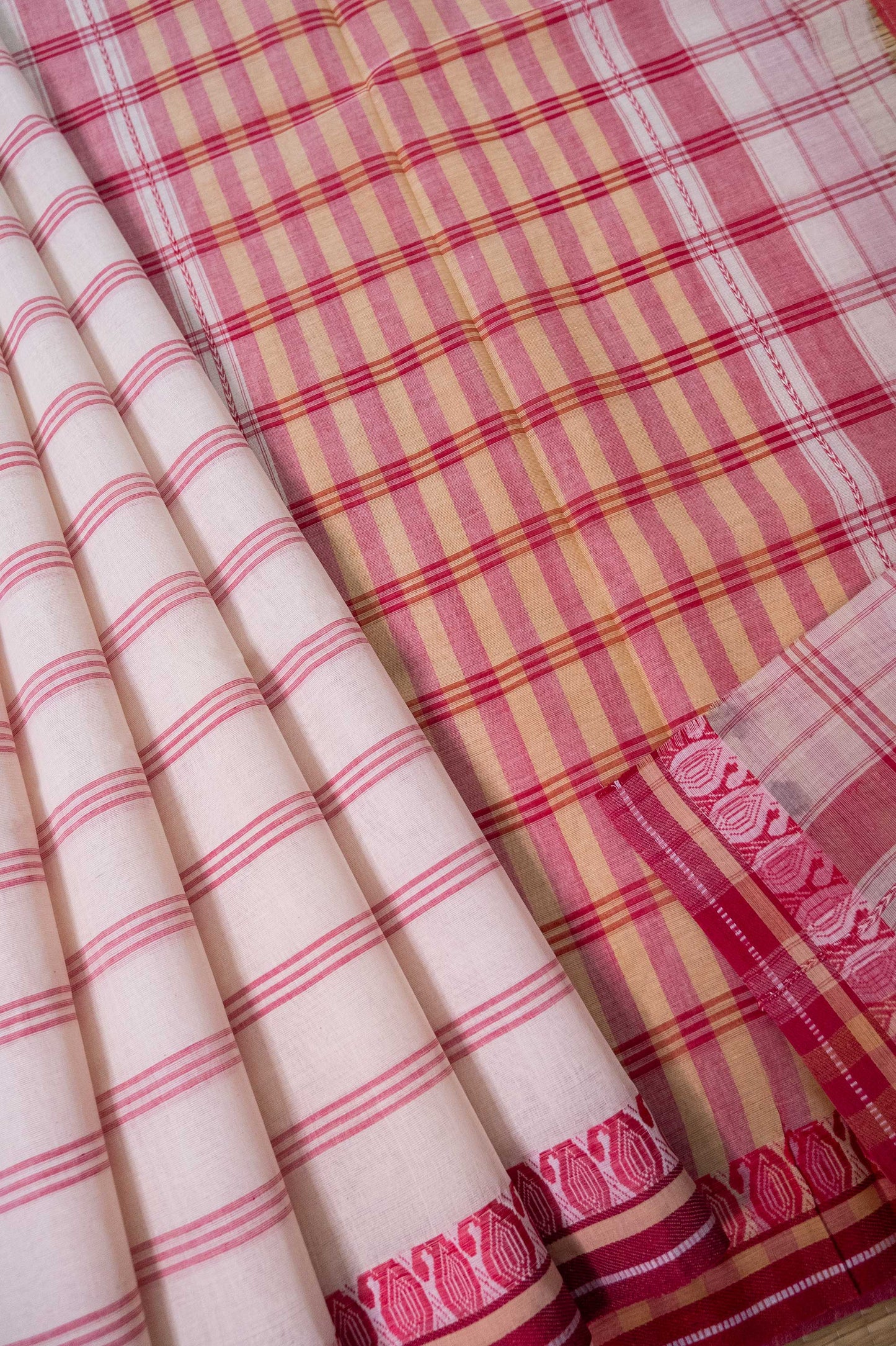 Lal Paar Stripe Cotton Saree with Kolka Border