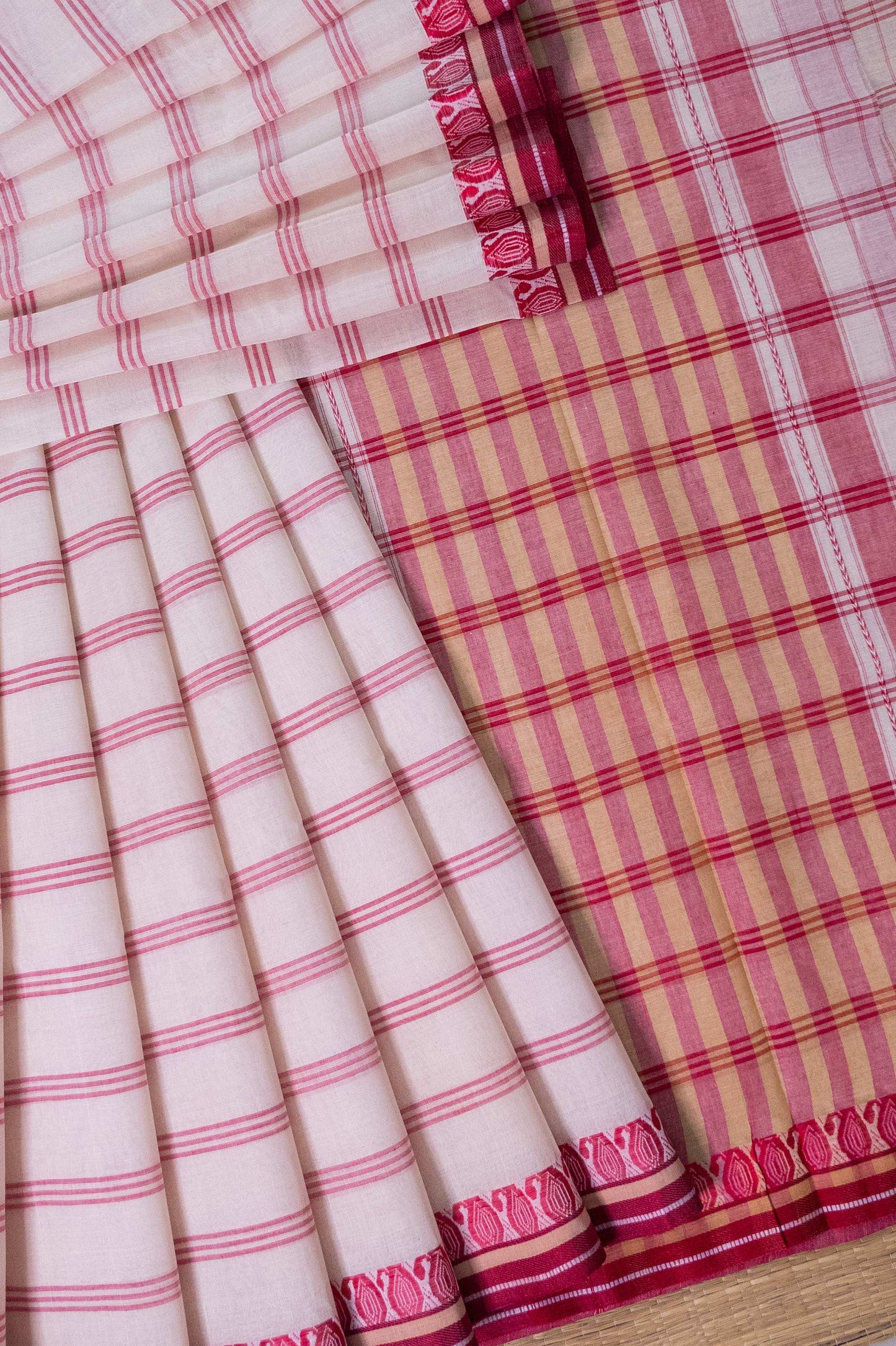 Lal Paar Stripe Cotton Saree with Kolka Border