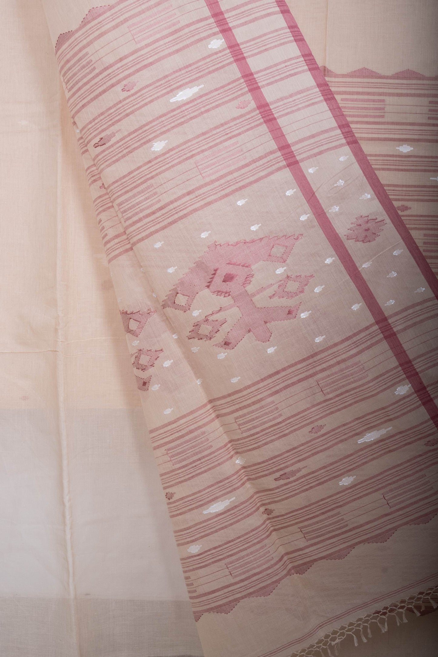 Beige Maroon Purely Handloom Needle Woven Jamdani Saree