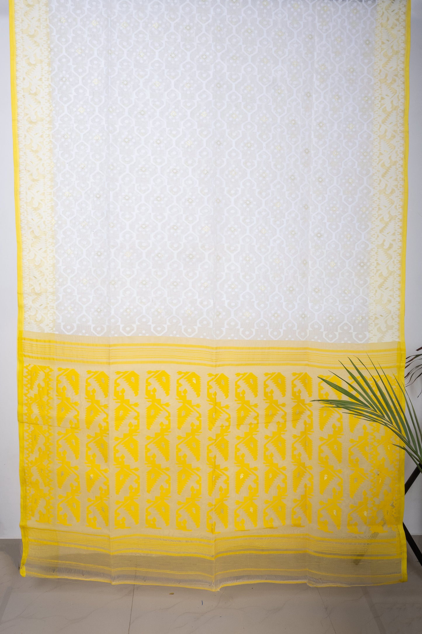 White Bengal Dhakai Jamdani Saree With Yellow Pallu And Border