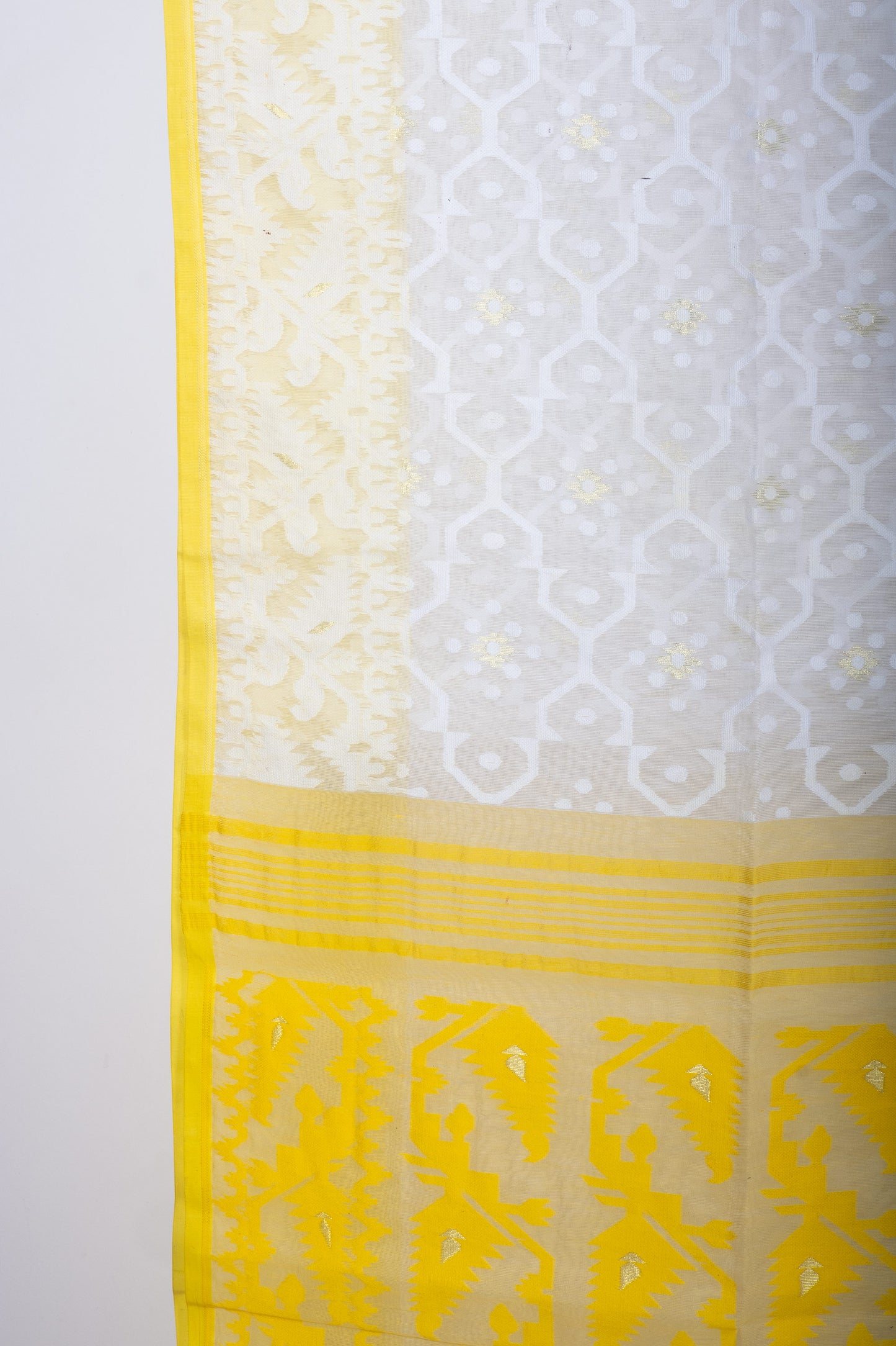 White Bengal Dhakai Jamdani Saree With Yellow Pallu And Border