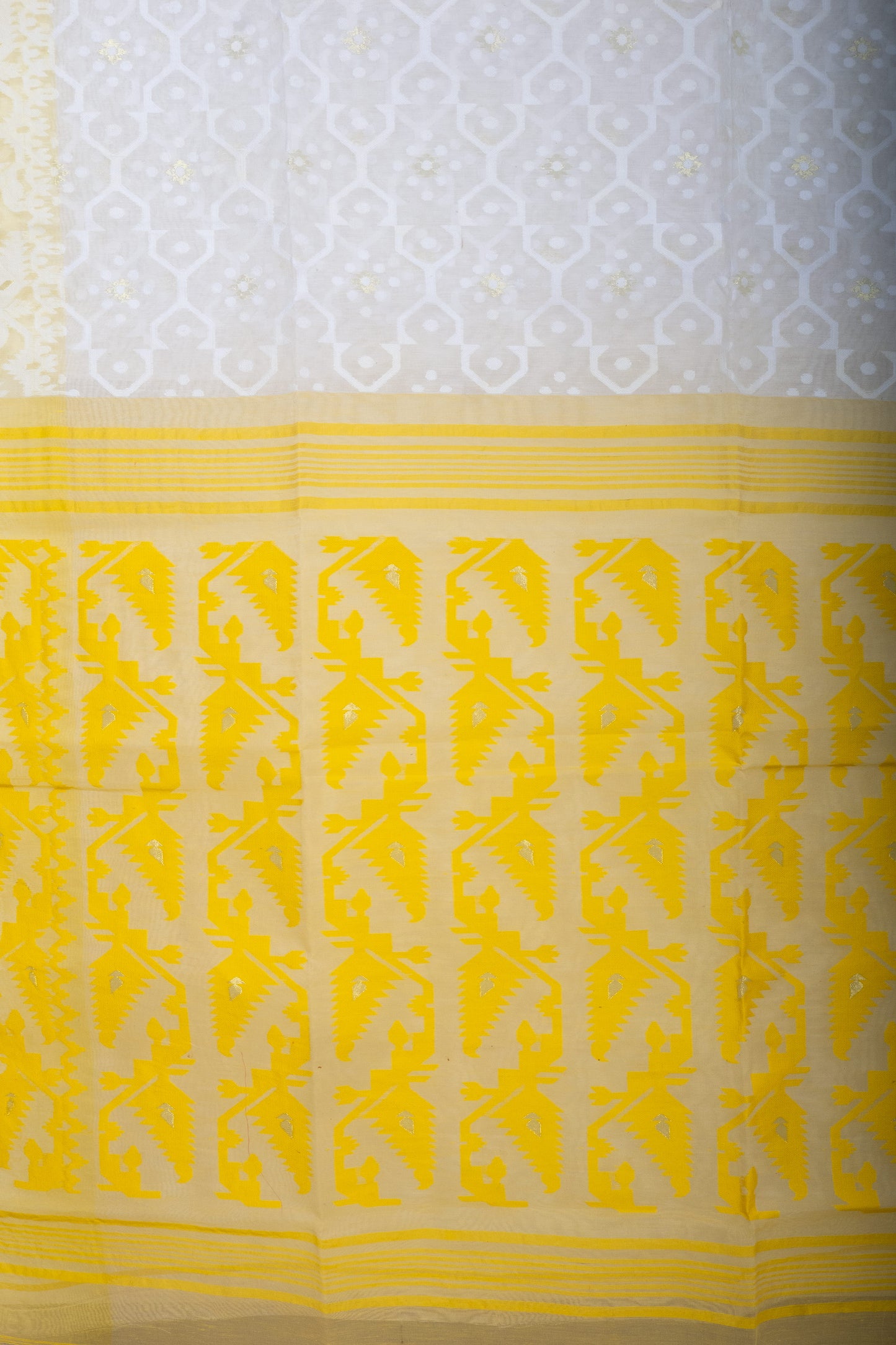 White Bengal Dhakai Jamdani Saree With Yellow Pallu And Border