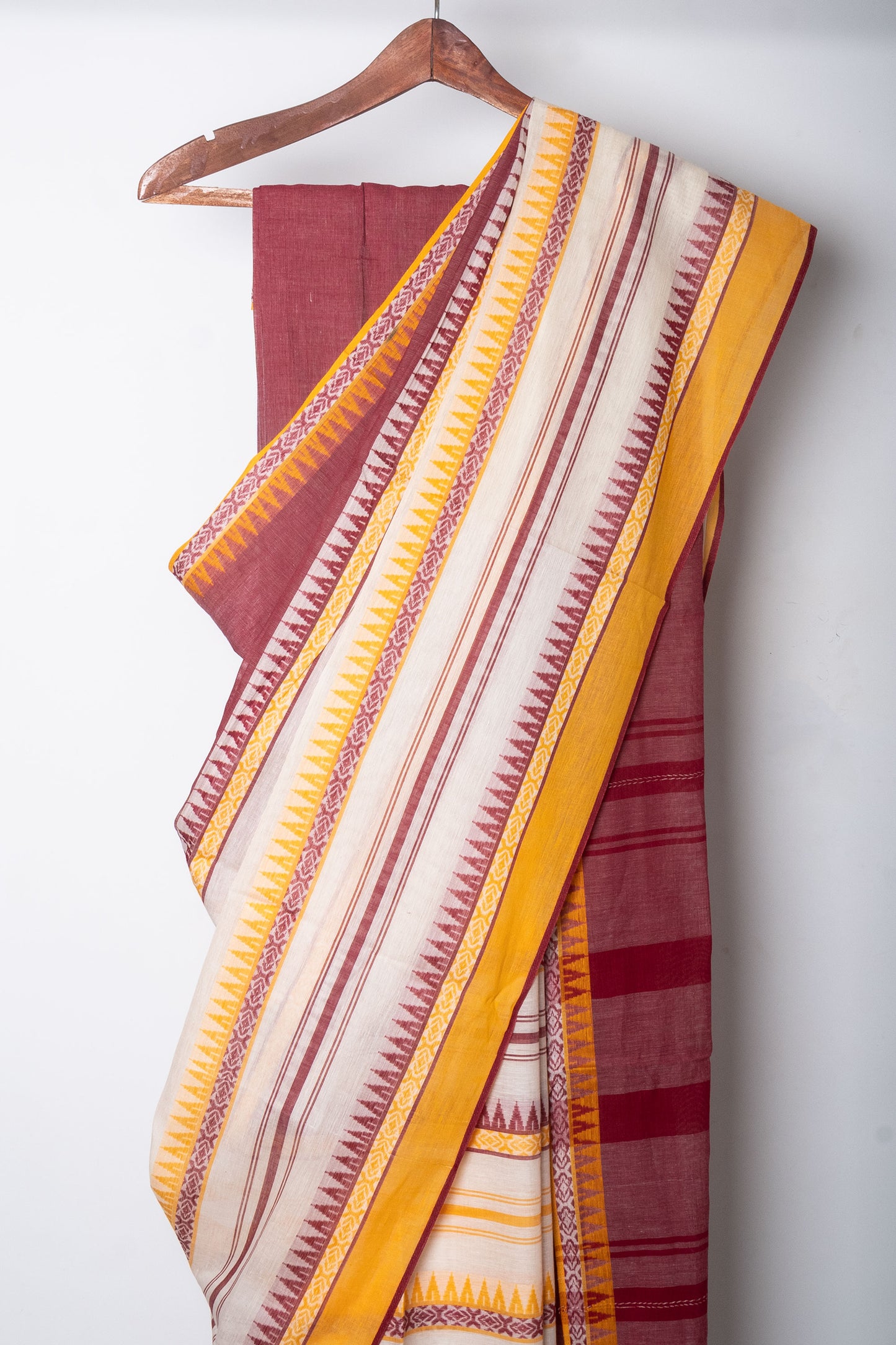 White-Deep Onion Color Half n Half Woven Dhaniakhali Cotton Saree