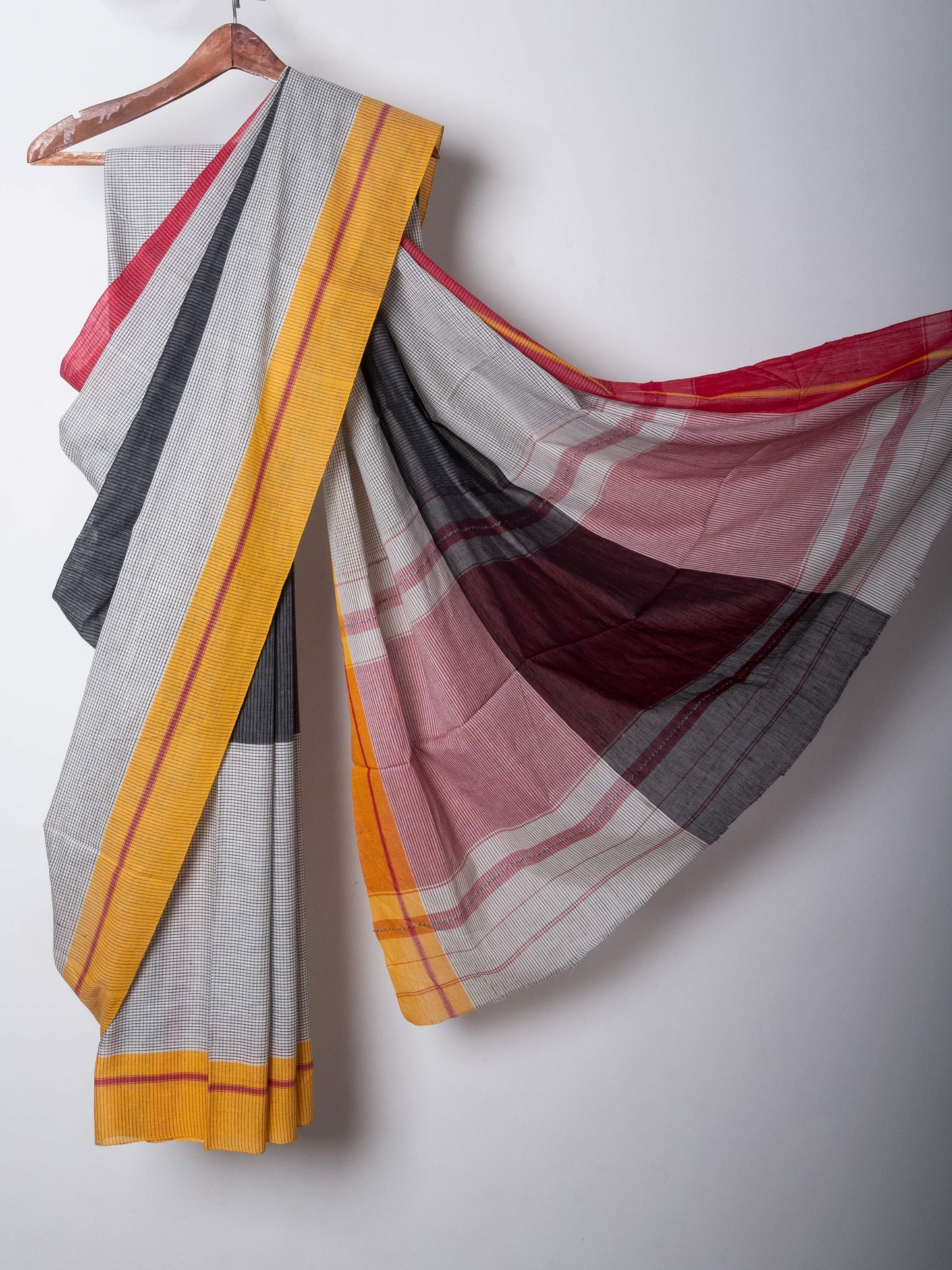 Black White Cotton Small Check Dhaniakhali Saree with Ganga Jamuna Borders