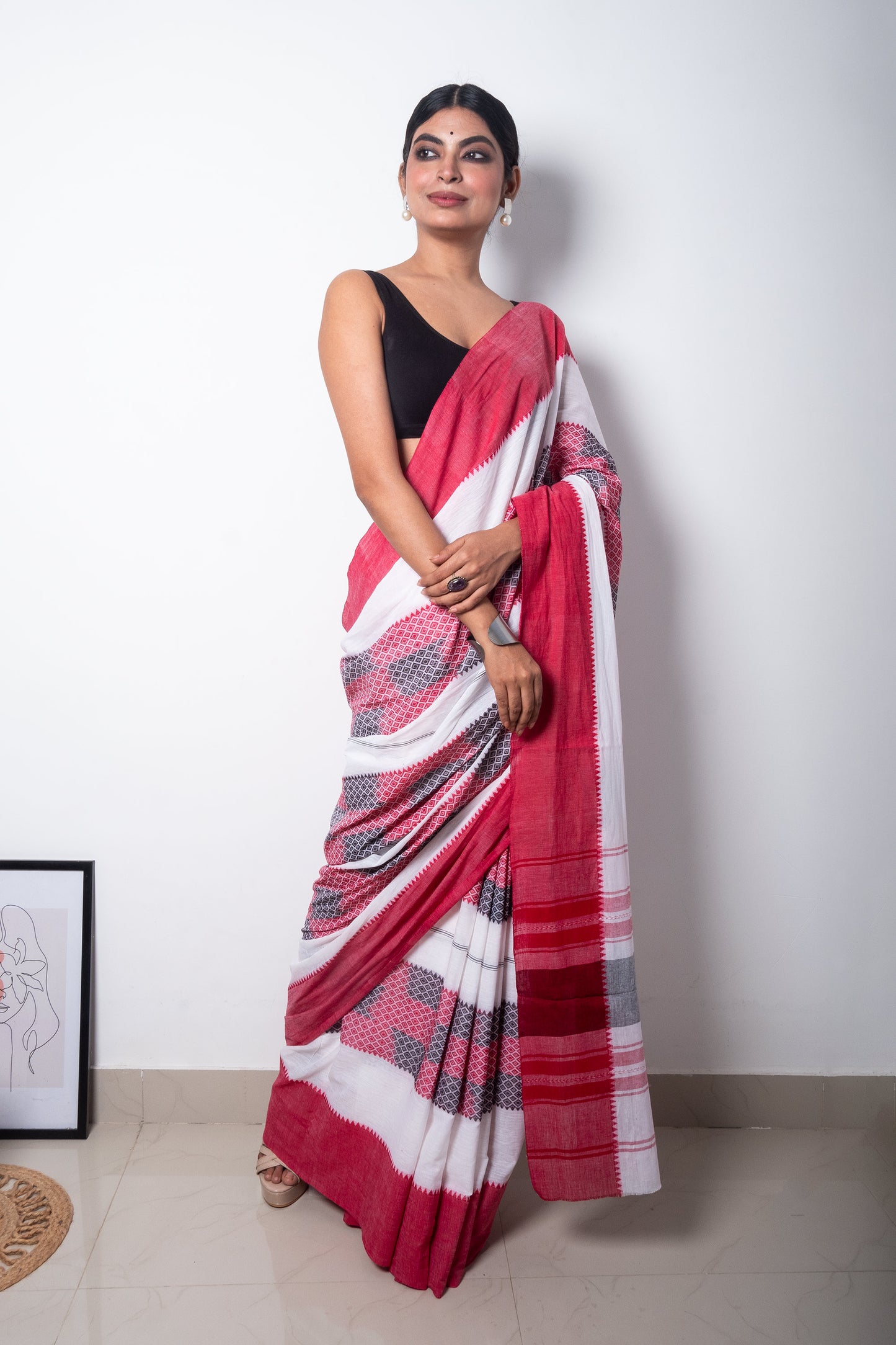 White Cotton Woven Dhaniakhali Saree with Red Borders