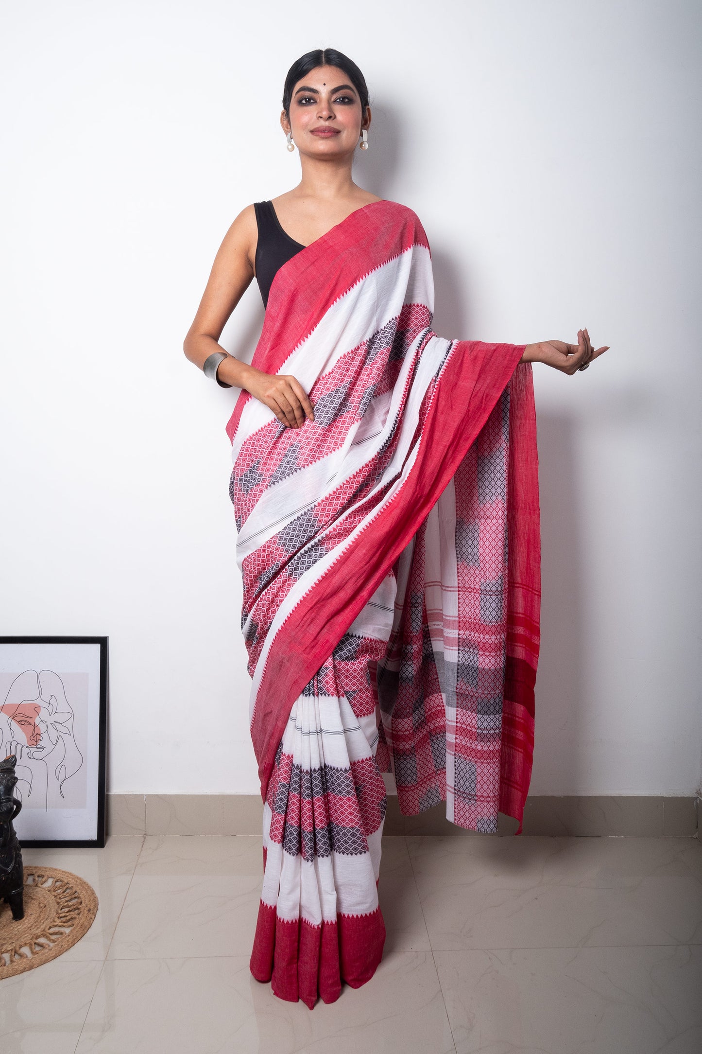 White Cotton Woven Dhaniakhali Saree with Red Borders