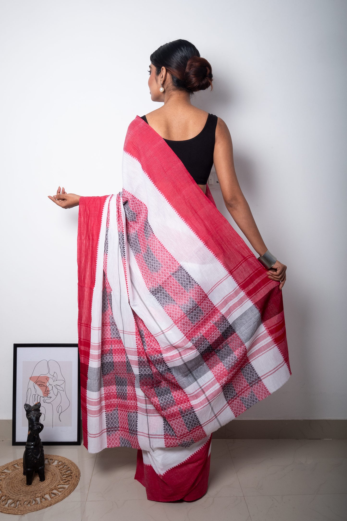 White Cotton Woven Dhaniakhali Saree with Red Borders