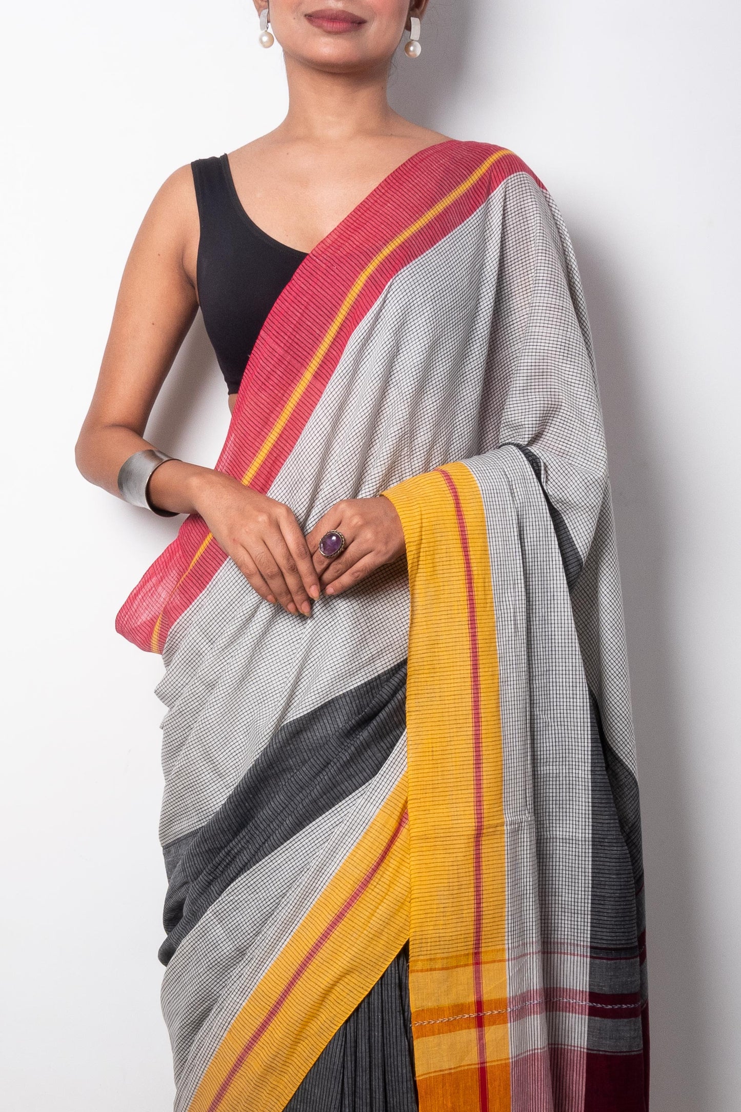 Black White Cotton Small Check Dhaniakhali Saree with Ganga Jamuna Borders
