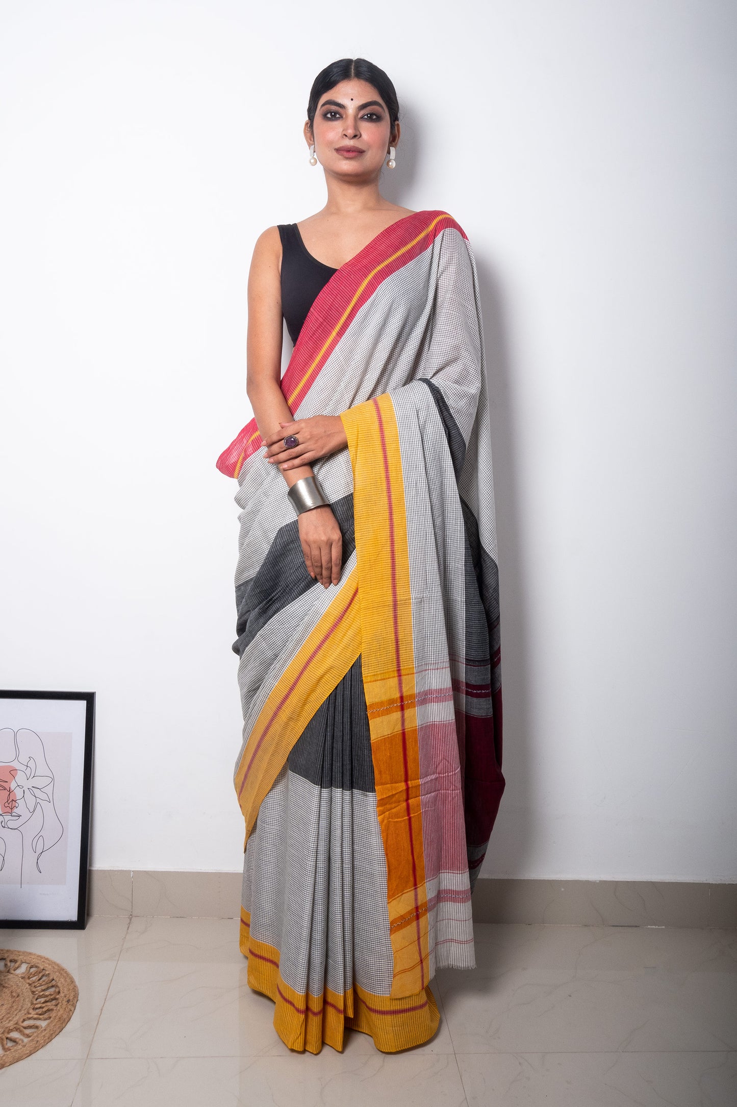Black White Cotton Small Check Dhaniakhali Saree with Ganga Jamuna Borders