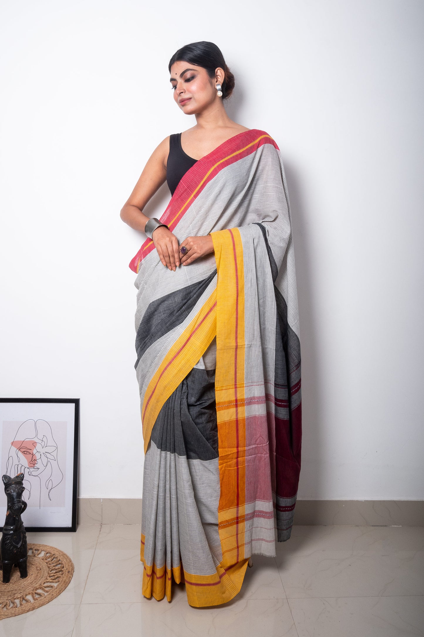 Black White Cotton Small Check Dhaniakhali Saree with Ganga Jamuna Borders