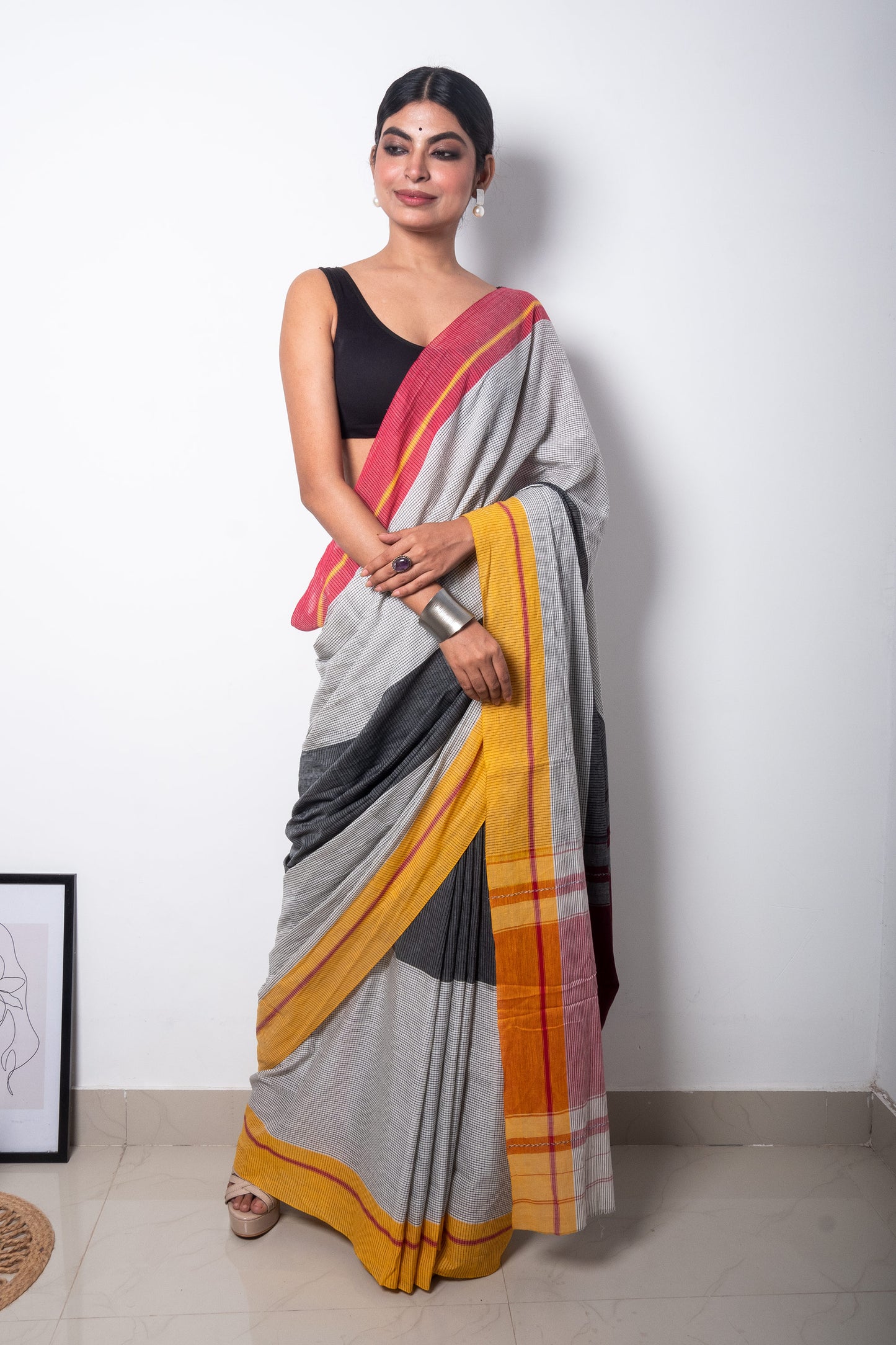Black White Cotton Small Check Dhaniakhali Saree with Ganga Jamuna Borders