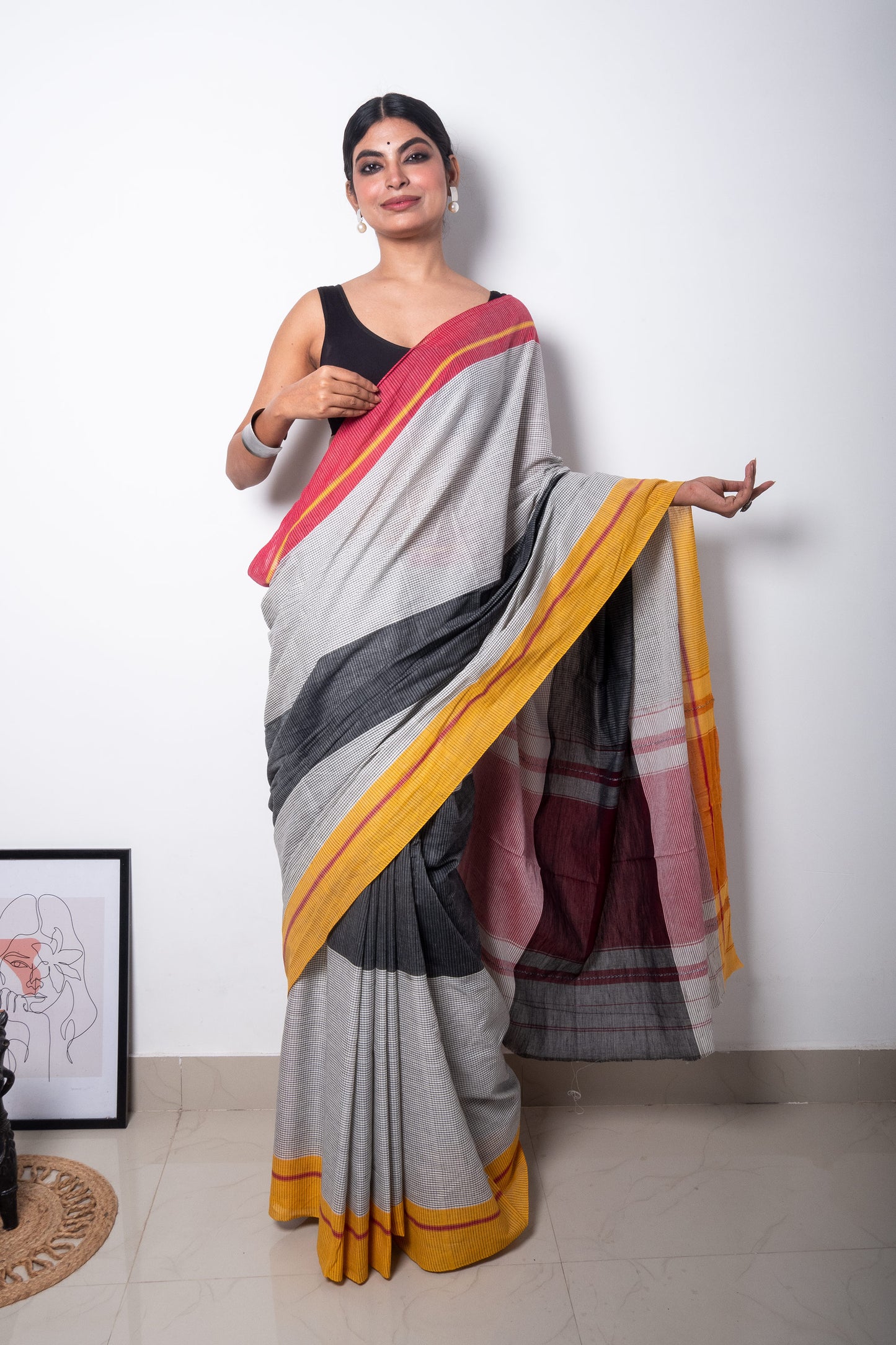 Black White Cotton Small Check Dhaniakhali Saree with Ganga Jamuna Borders