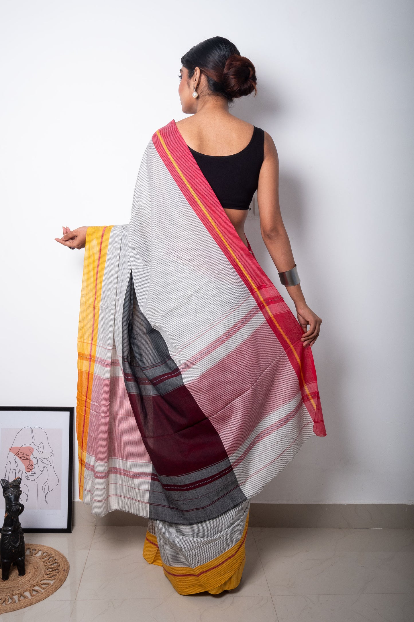 Black White Cotton Small Check Dhaniakhali Saree with Ganga Jamuna Borders