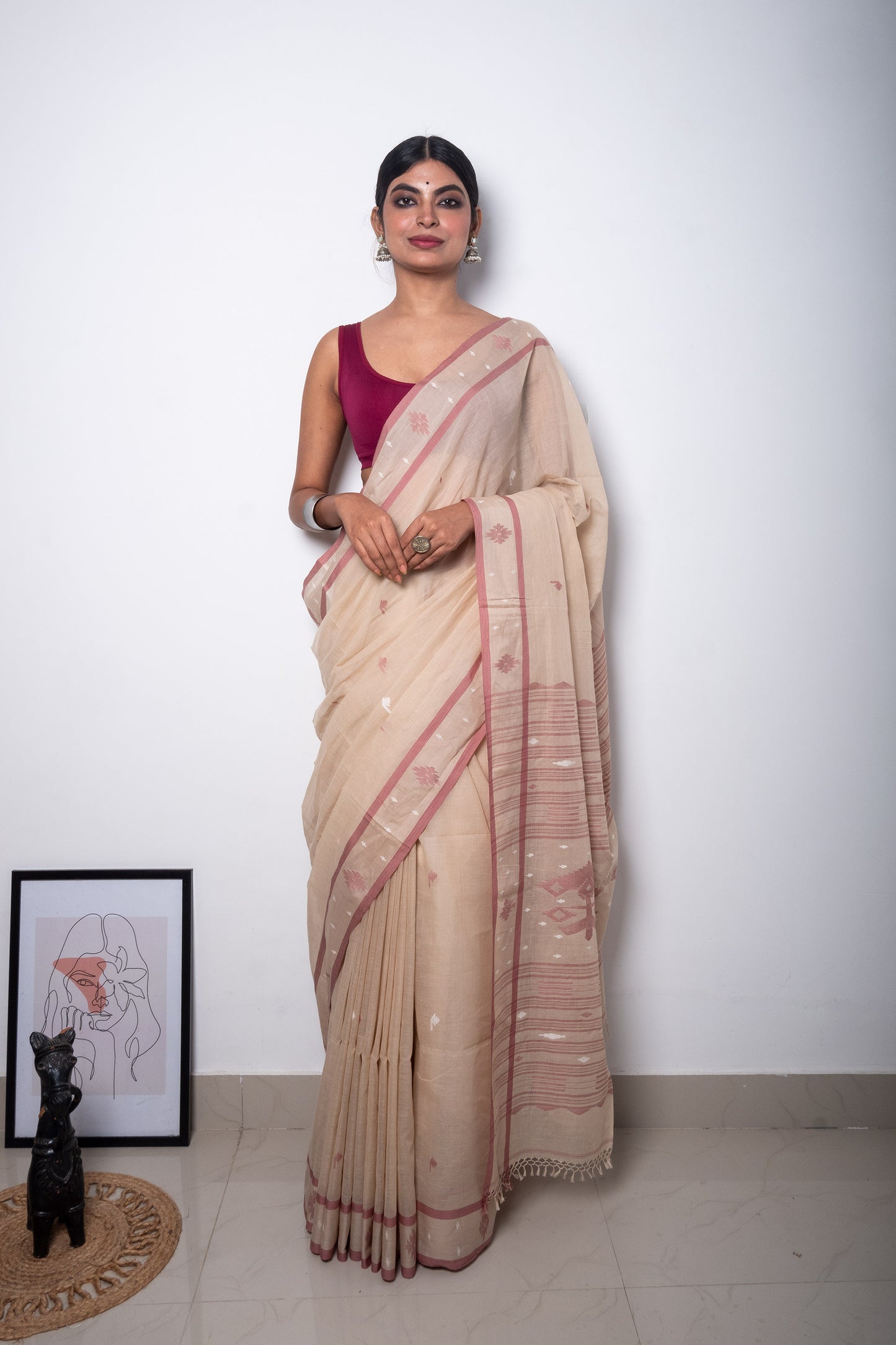 Beige Maroon Purely Handloom Needle Woven Jamdani Saree