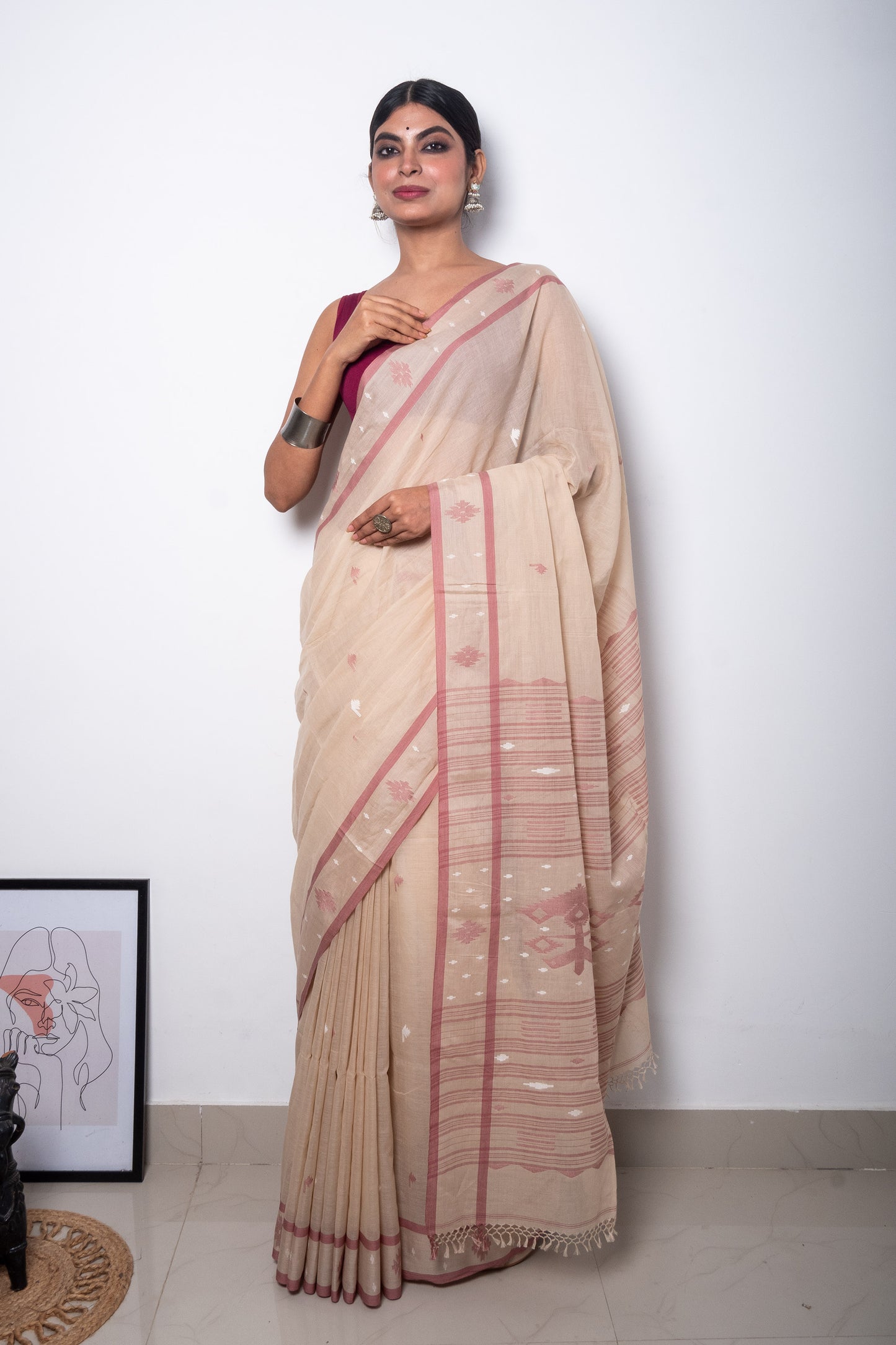 Beige Maroon Purely Handloom Needle Woven Jamdani Saree