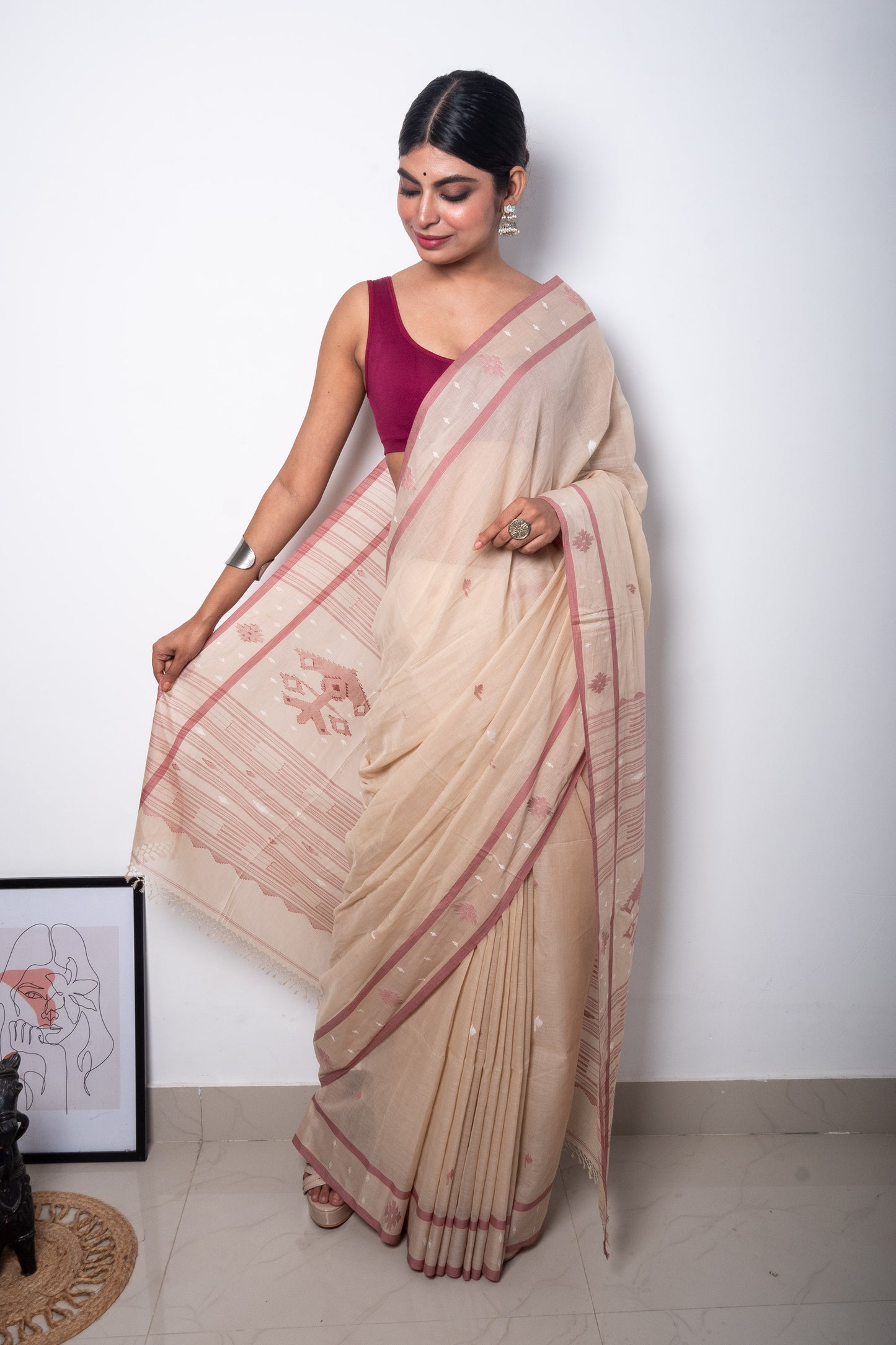 Beige Maroon Purely Handloom Needle Woven Jamdani Saree