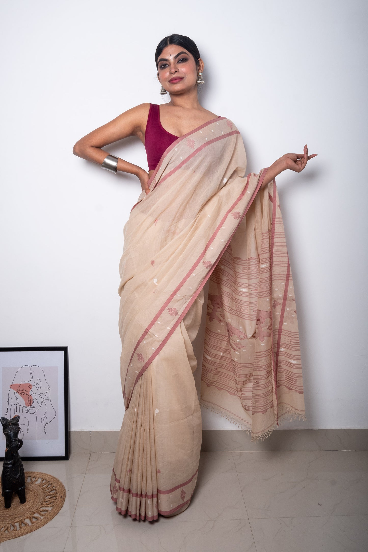 Beige Maroon Purely Handloom Needle Woven Jamdani Saree
