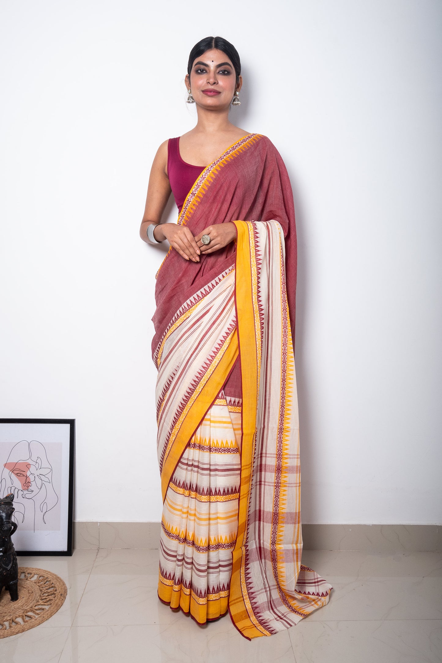 White-Deep Onion Color Half n Half Woven Dhaniakhali Cotton Saree