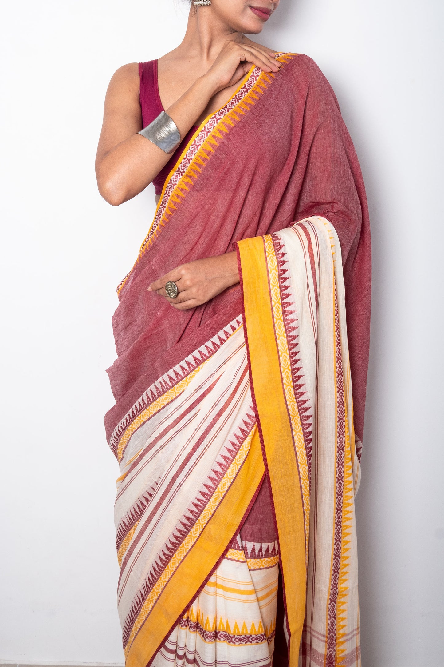 White-Deep Onion Color Half n Half Woven Dhaniakhali Cotton Saree