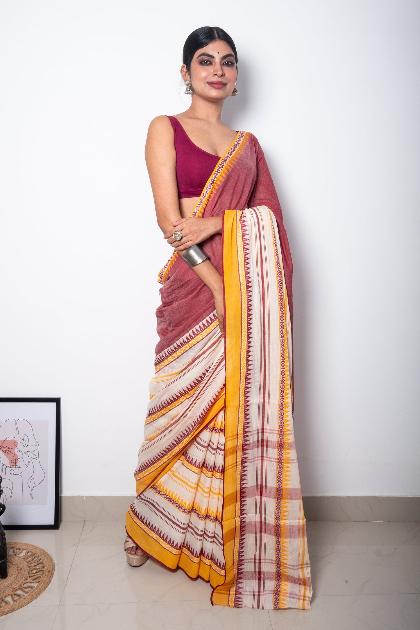 White-Deep Onion Color Half n Half Woven Dhaniakhali Cotton Saree