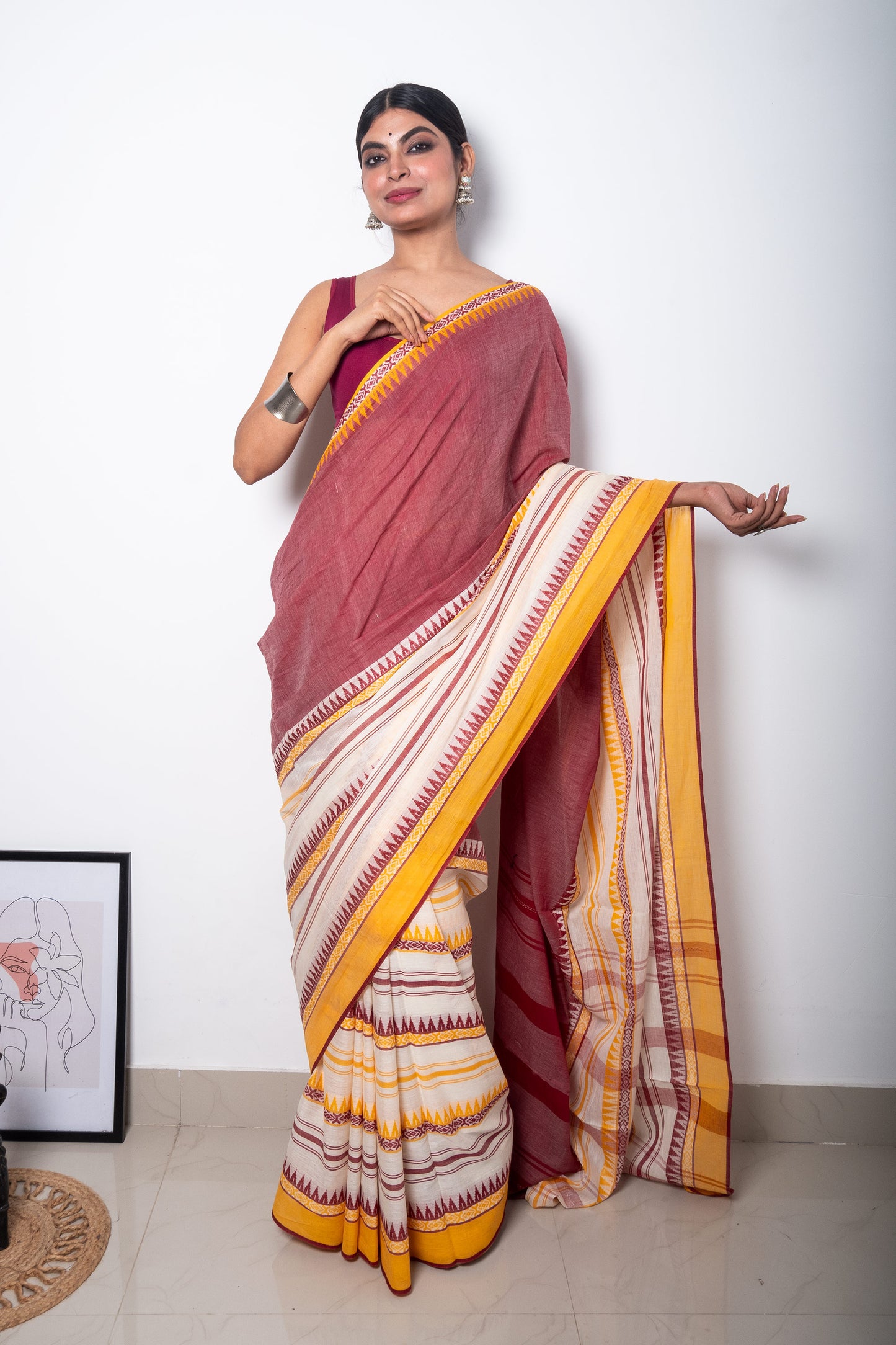 White-Deep Onion Color Half n Half Woven Dhaniakhali Cotton Saree