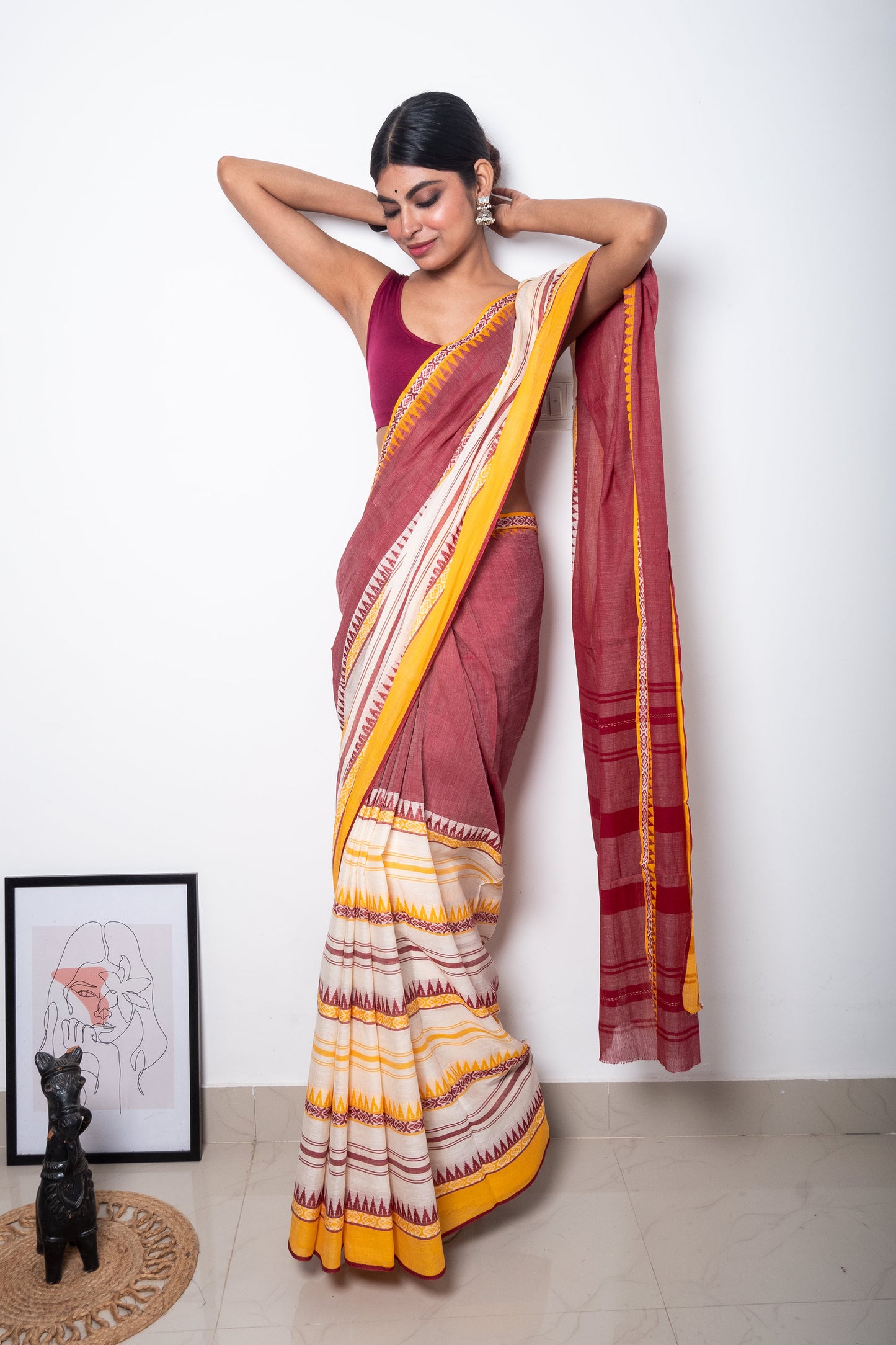 White-Deep Onion Color Half n Half Woven Dhaniakhali Cotton Saree