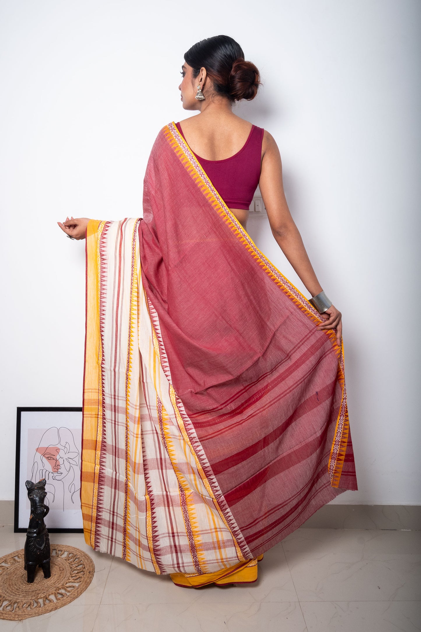 White-Deep Onion Color Half n Half Woven Dhaniakhali Cotton Saree