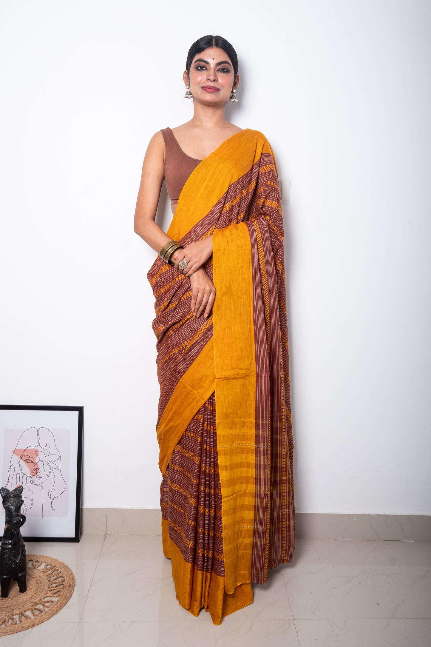 Brown Dhaniakhali Cotton Ari Woven Saree with Mustard Yellow Borders