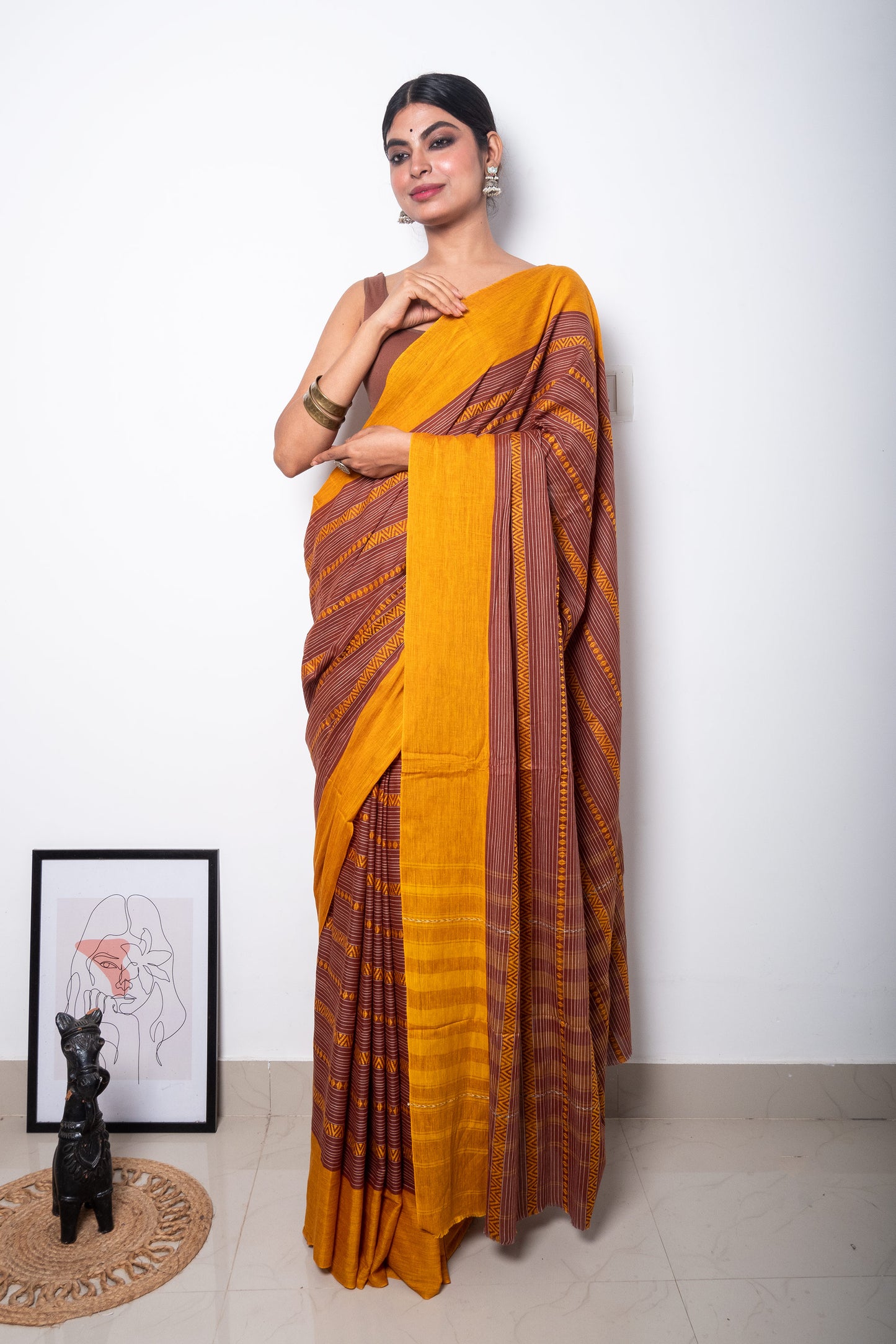 Brown Dhaniakhali Cotton Ari Woven Saree with Mustard Yellow Borders