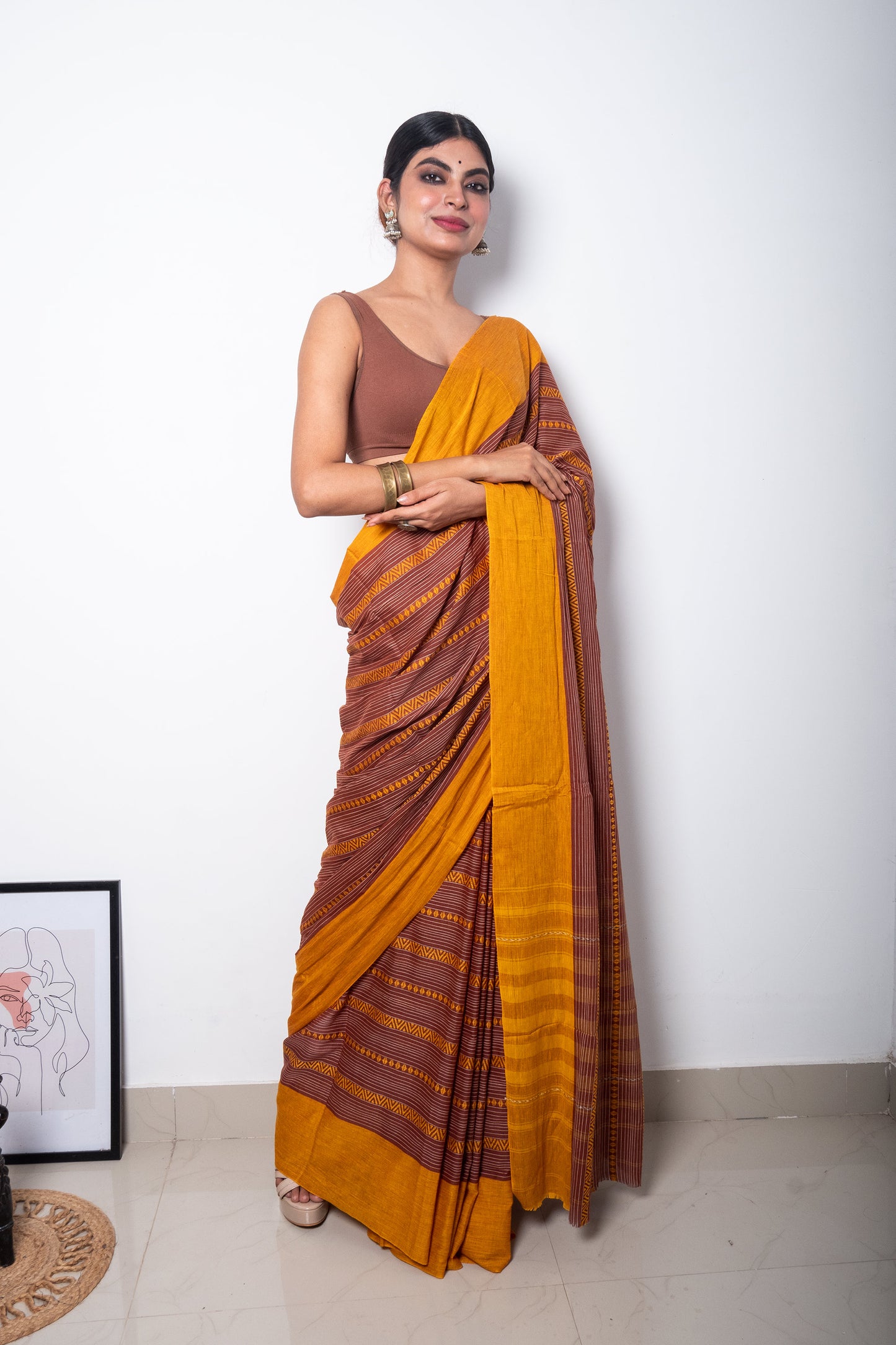 Brown Dhaniakhali Cotton Ari Woven Saree with Mustard Yellow Borders