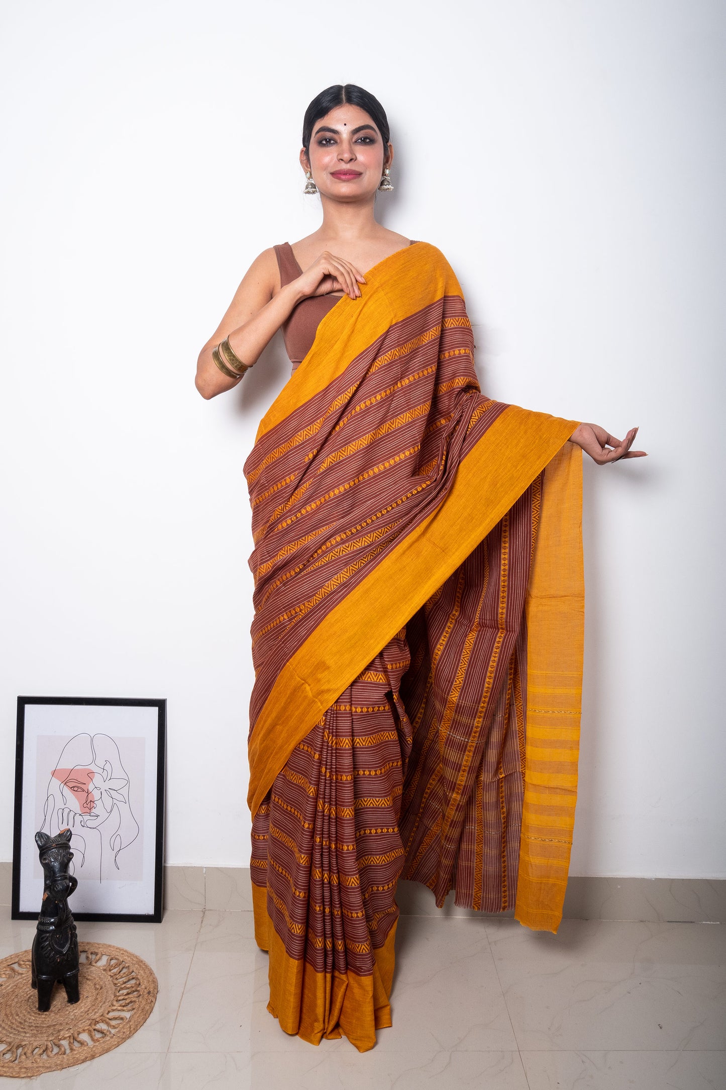 Brown Dhaniakhali Cotton Ari Woven Saree with Mustard Yellow Borders