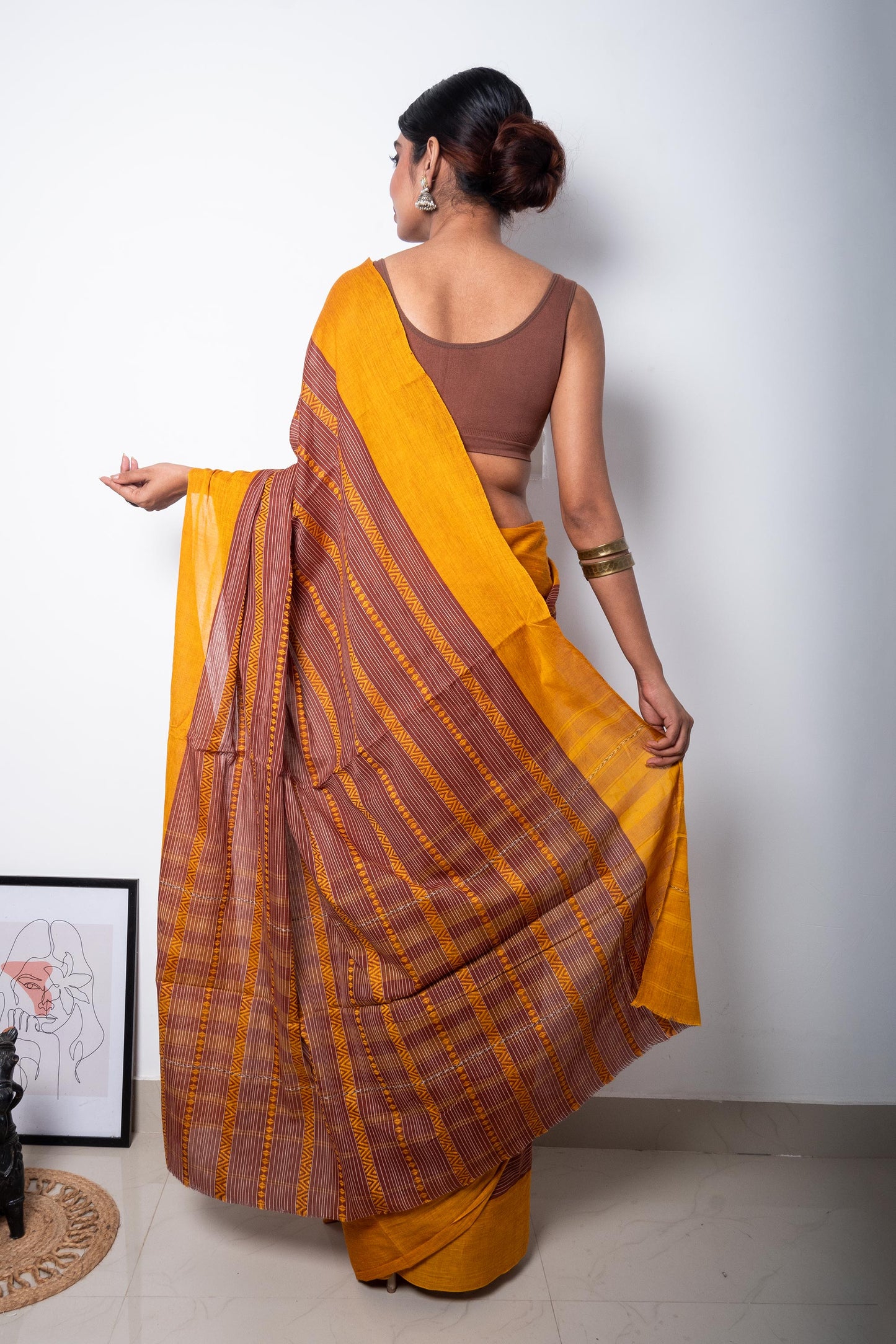 Brown Dhaniakhali Cotton Ari Woven Saree with Mustard Yellow Borders