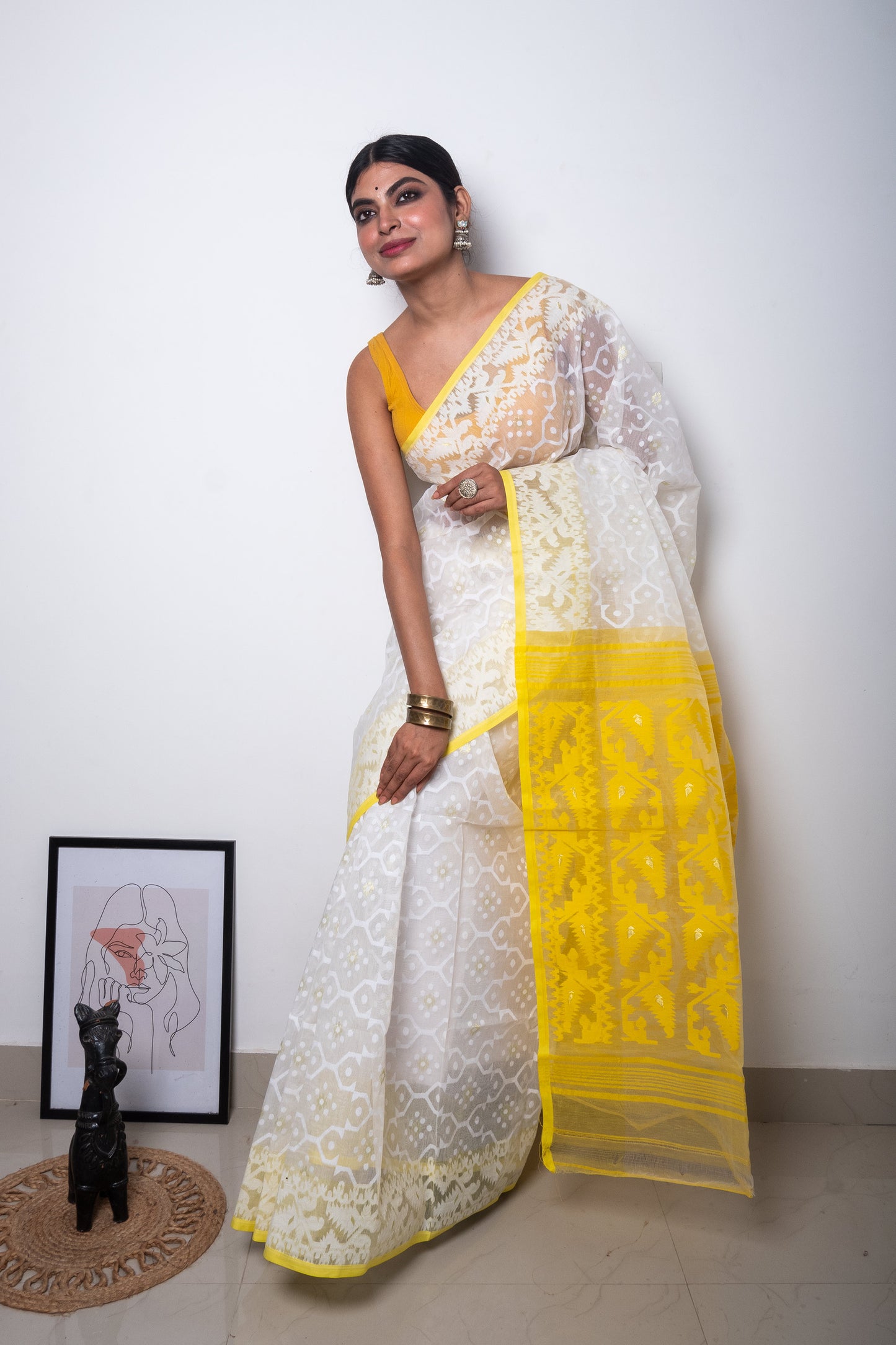 White Bengal Dhakai Jamdani Saree With Yellow Pallu And Border
