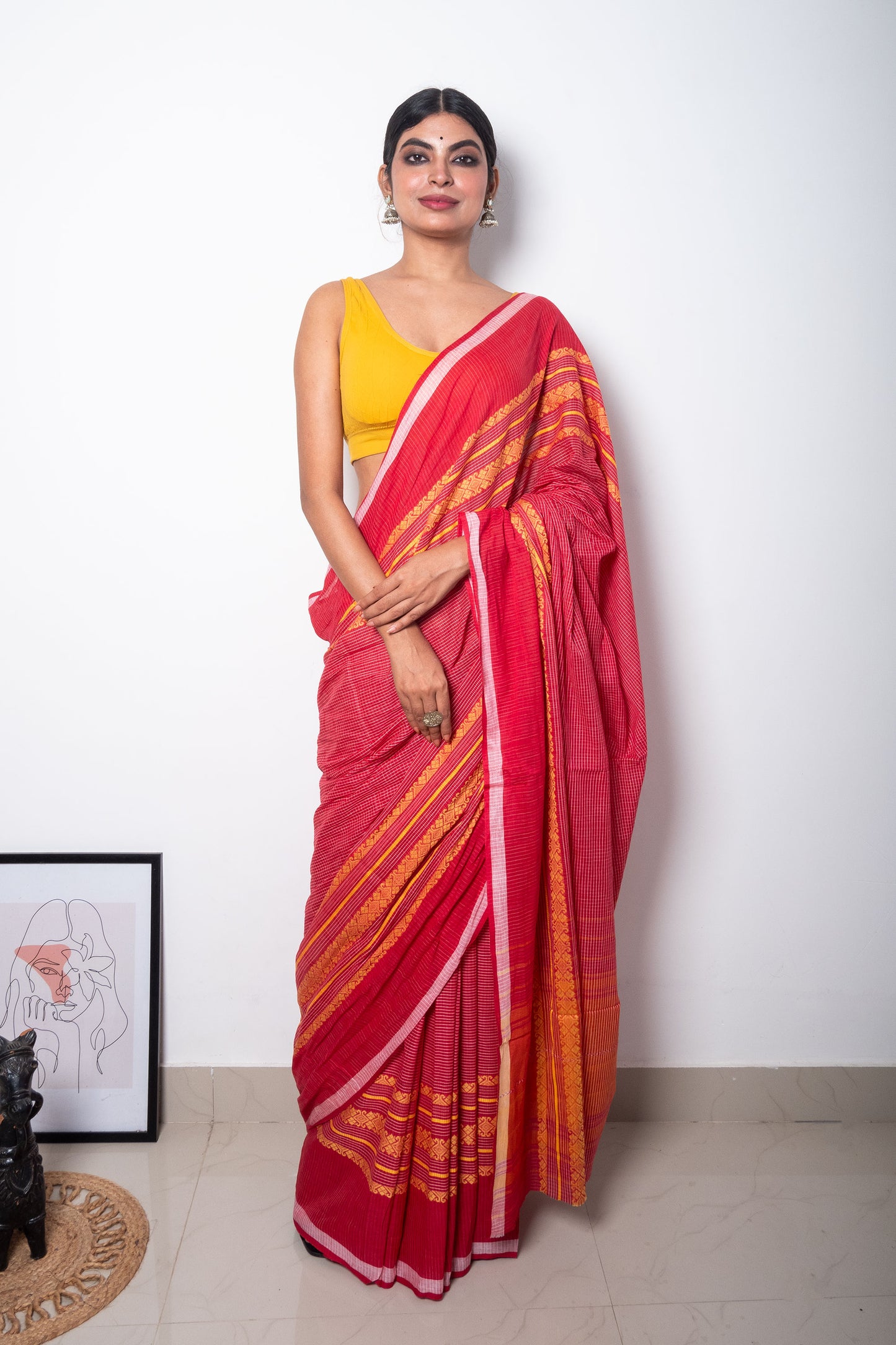 Red White Cotton Small Check Dhaniakhali Saree with Yellow Woven Borders