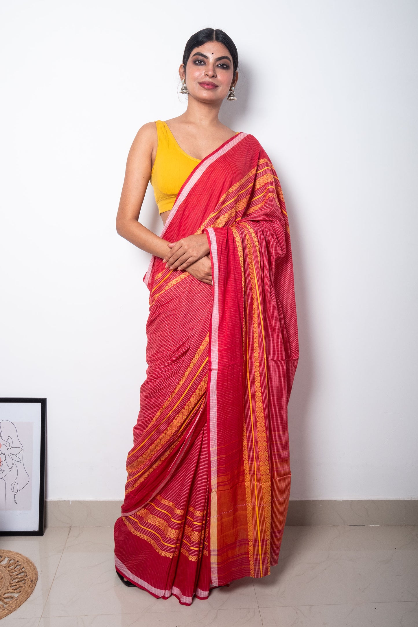 Red White Cotton Small Check Dhaniakhali Saree with Yellow Woven Borders