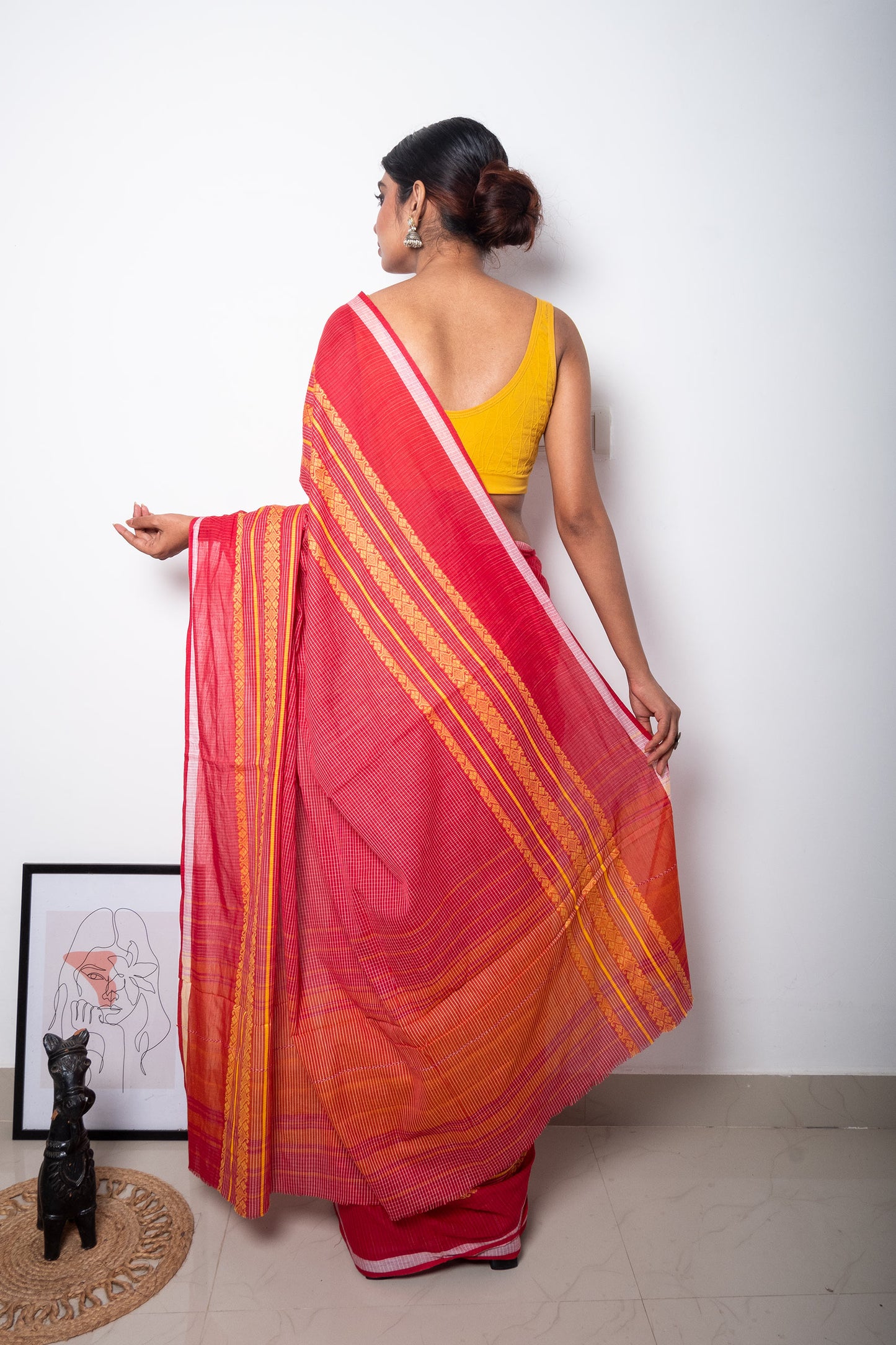 Red White Cotton Small Check Dhaniakhali Saree with Yellow Woven Borders
