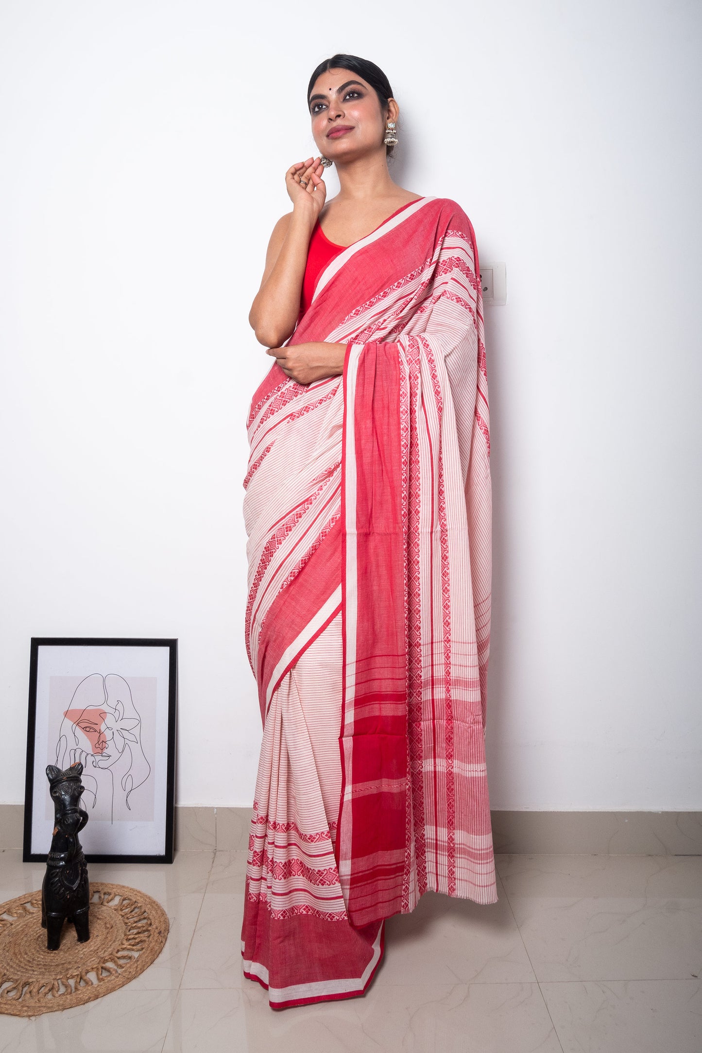 Lal Paar Stripe Cotton Saree with Woven Borders
