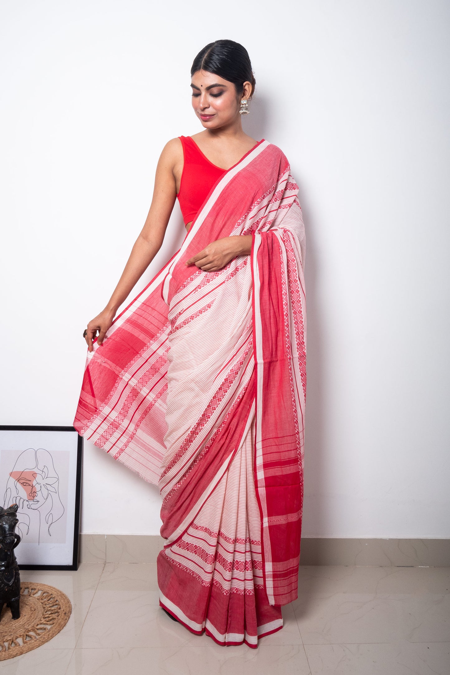 Lal Paar Stripe Cotton Saree with Woven Borders