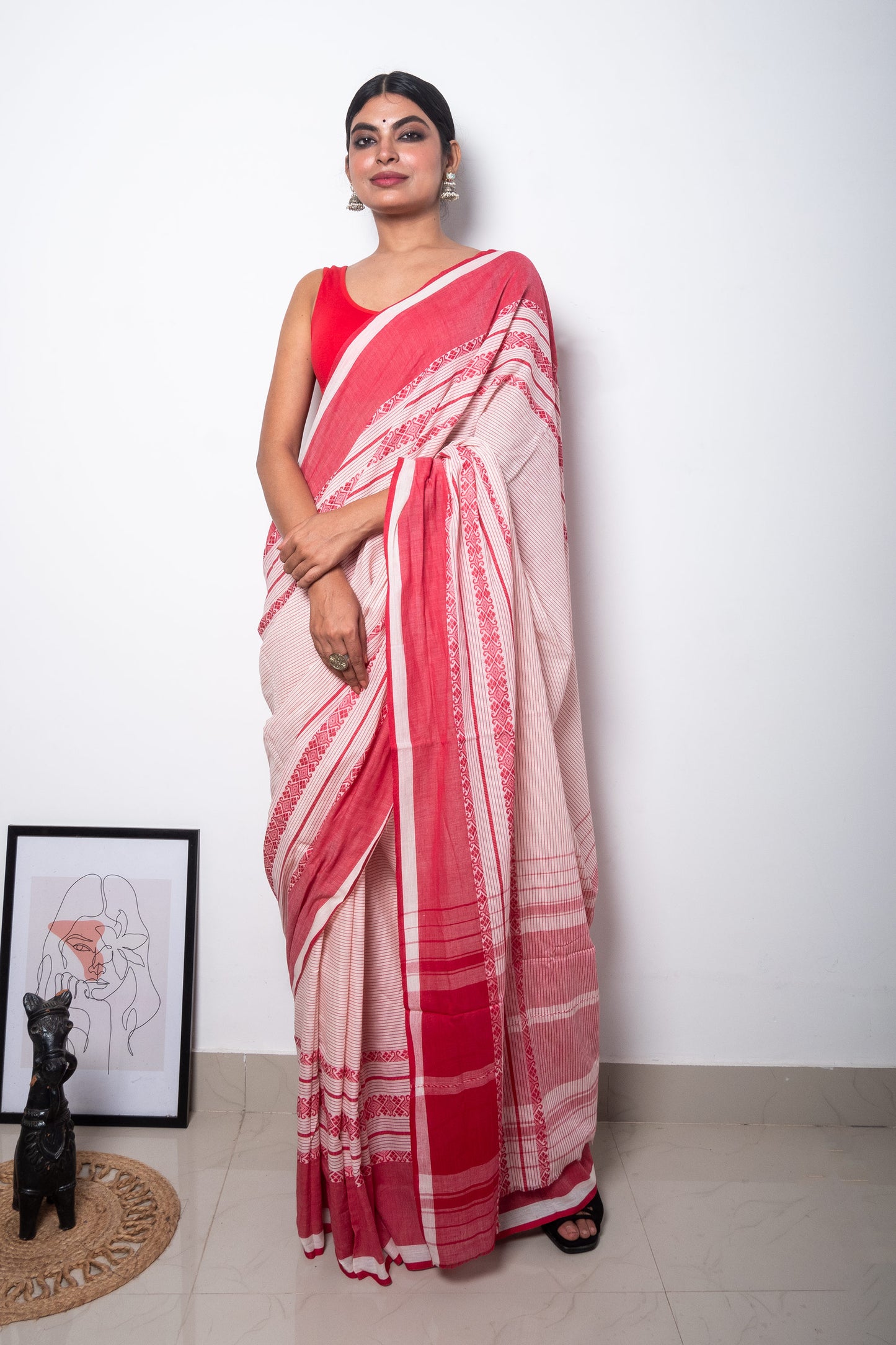 Lal Paar Stripe Cotton Saree with Woven Borders
